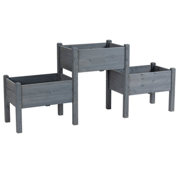 Outsunny Raised Garden Bed With 3 Planter Box, Elevated Wooden Plant Stand With Drainage Holes, For Vegetables, Herb And Flowers, Gray Gray Wood