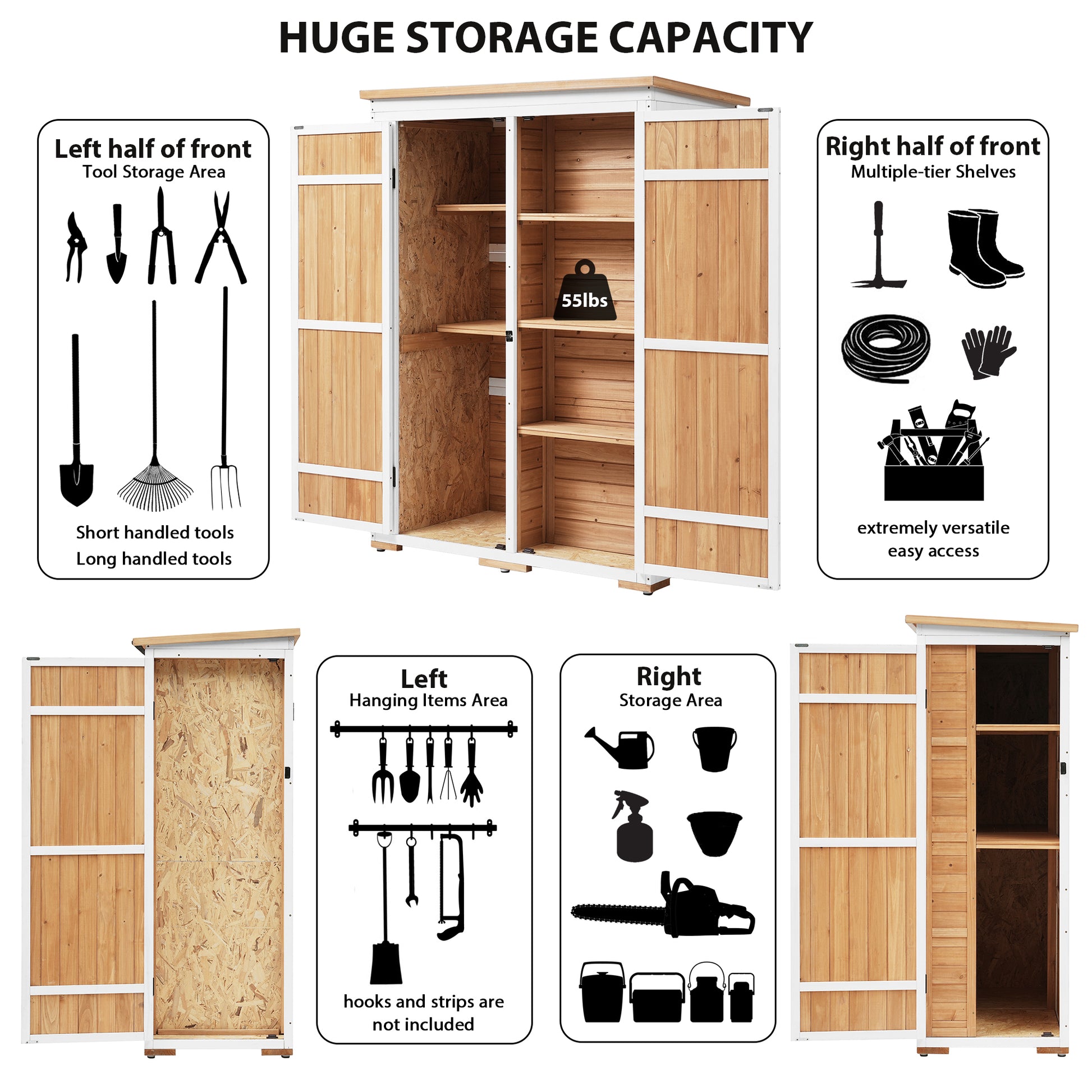 Outdoor 5.5Ft Hx4.1Ft L Wood Storage Shed, Garden Tool Cabinet With Waterproof Asphalt Roof, Four Lockable Doors, Multiple Tier Shelves, Natural Natural Water Resistant Frame Garden & Outdoor Rustic Wood