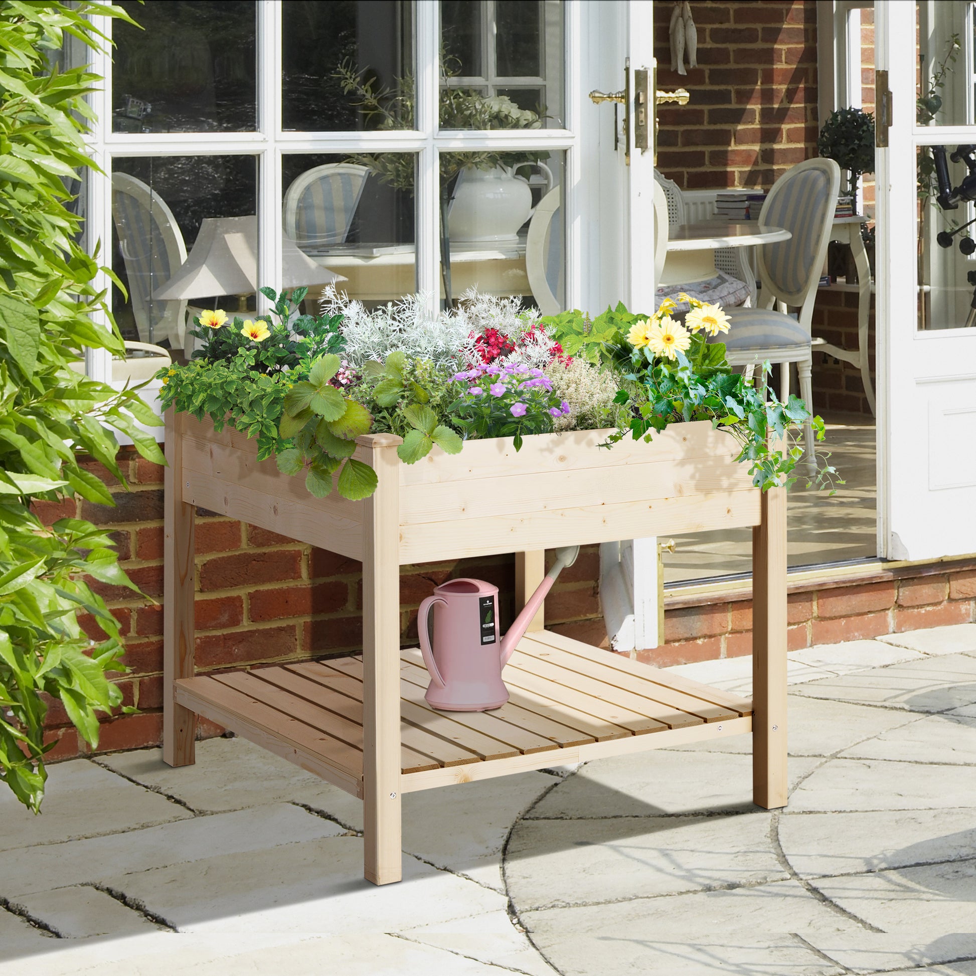 Outsunny 36'' X 36'' Raised Garden Bed With Storage Shelf, 2 Tiers Elevated Wooden Planter Box Stand For Vegetable Flower Herb, Patio, Balcony And Backyard Natural Wood