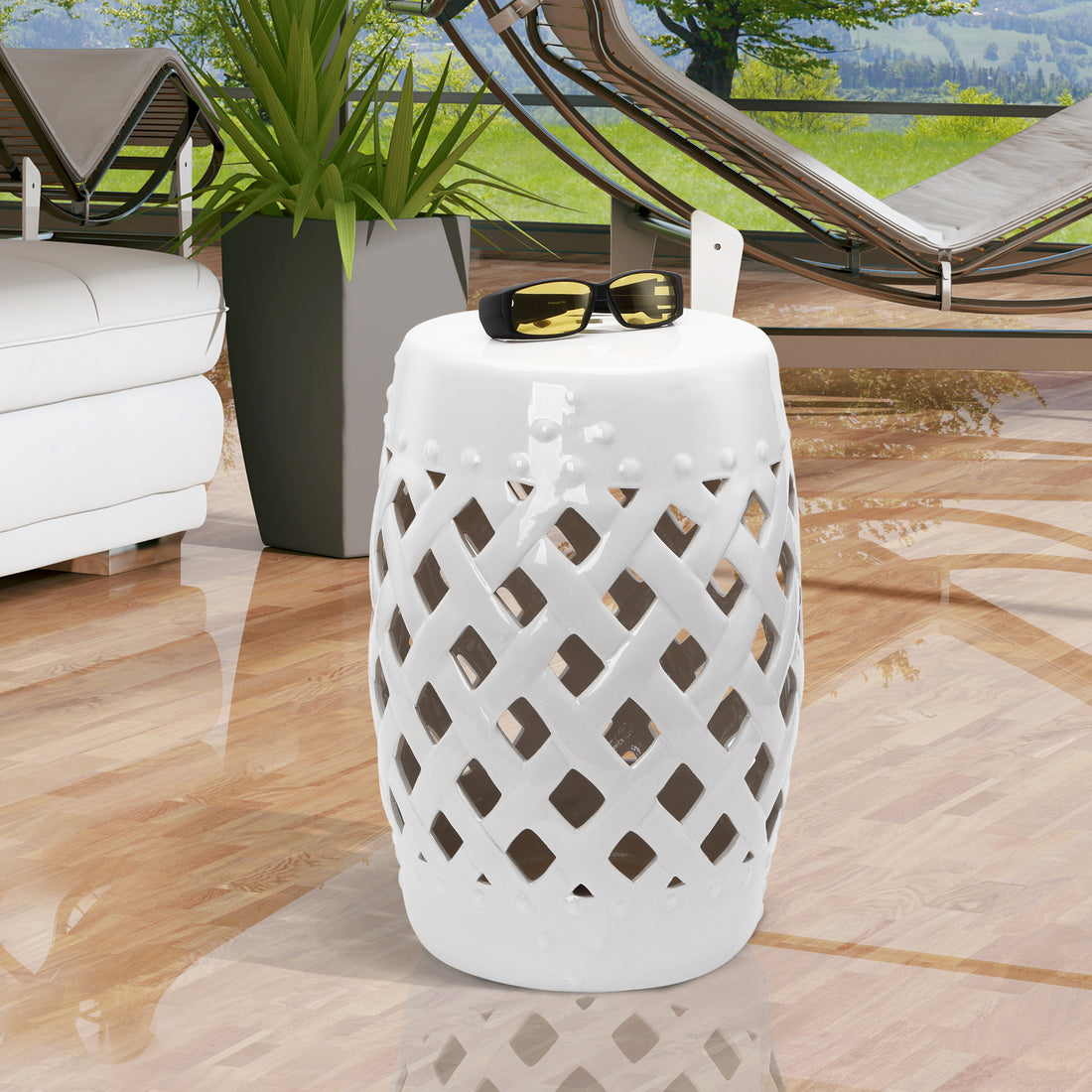 Outsunny 13" X 18" Ceramic Garden Stool With Woven Lattice Design & Glazed Strong Materials Decorative End Table, White White Polyethylene