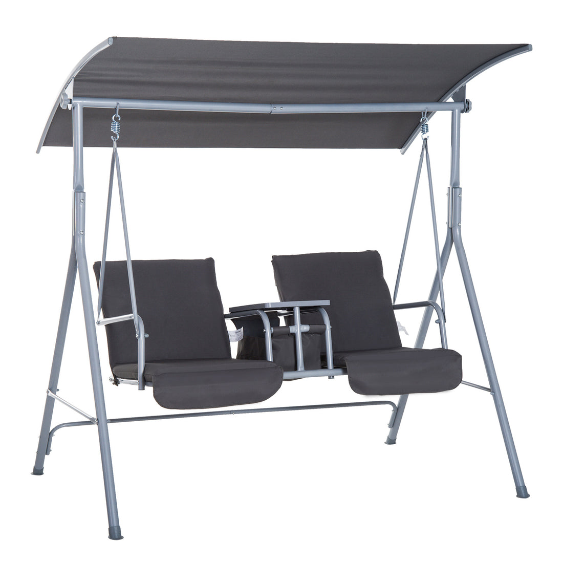 Outsunny 2 Person Porch Swing With Stand, Outdoor Swing With Canopy, Pivot Storage Table, 2 Cup Holders, Cushions For Patio, Backyard, Gray Beige Steel