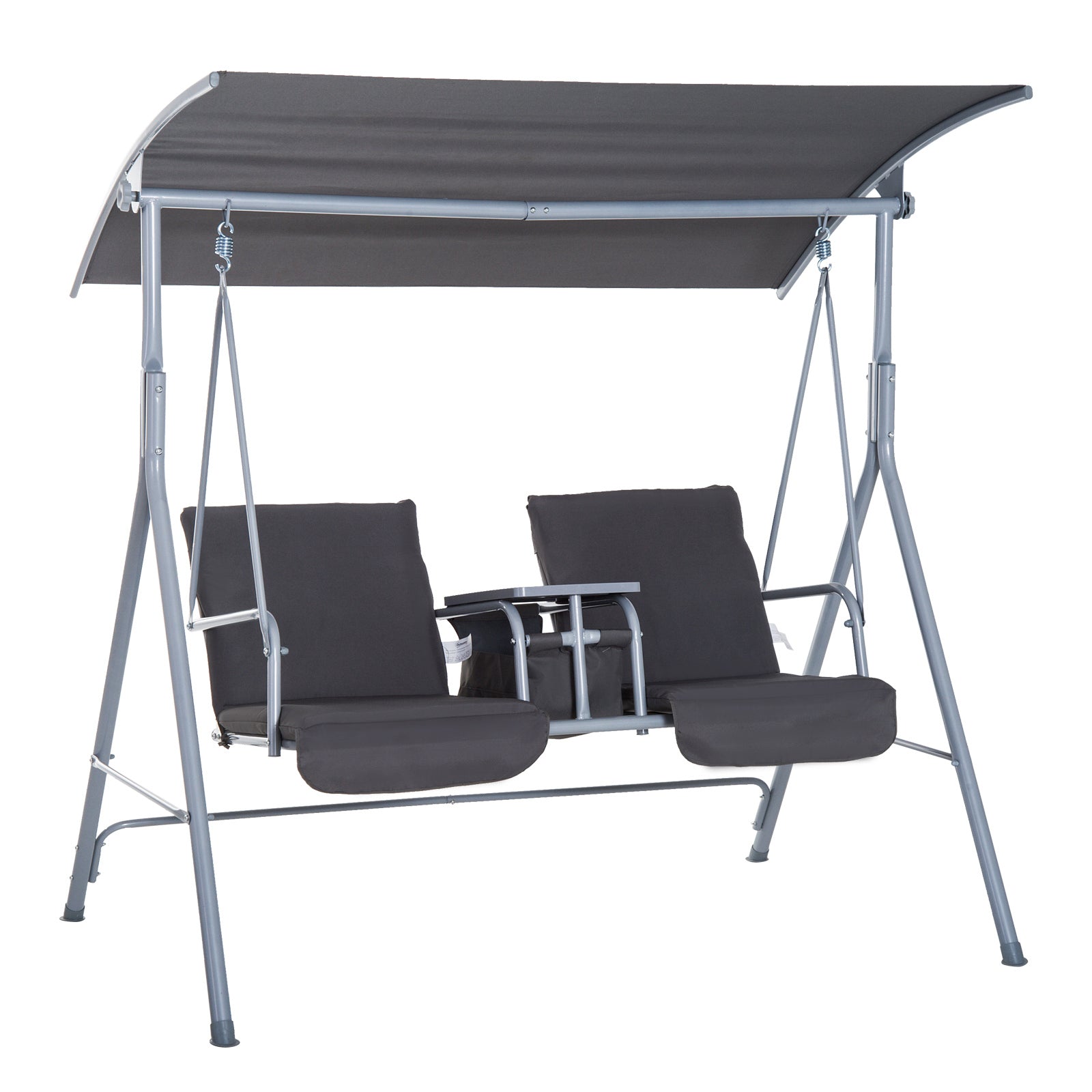 Outsunny 2 Person Porch Swing With Stand, Outdoor Swing With Canopy, Pivot Storage Table, 2 Cup Holders, Cushions For Patio, Backyard, Gray Beige Steel