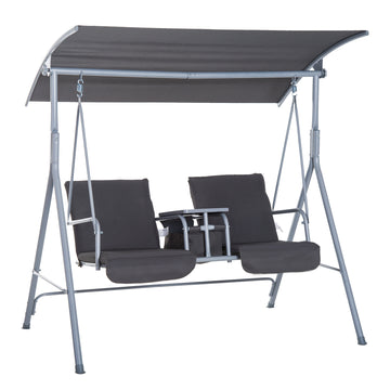 Outsunny 2 Person Porch Swing With Stand, Outdoor Swing With Canopy, Pivot Storage Table, 2 Cup Holders, Cushions For Patio, Backyard, Gray Beige Steel
