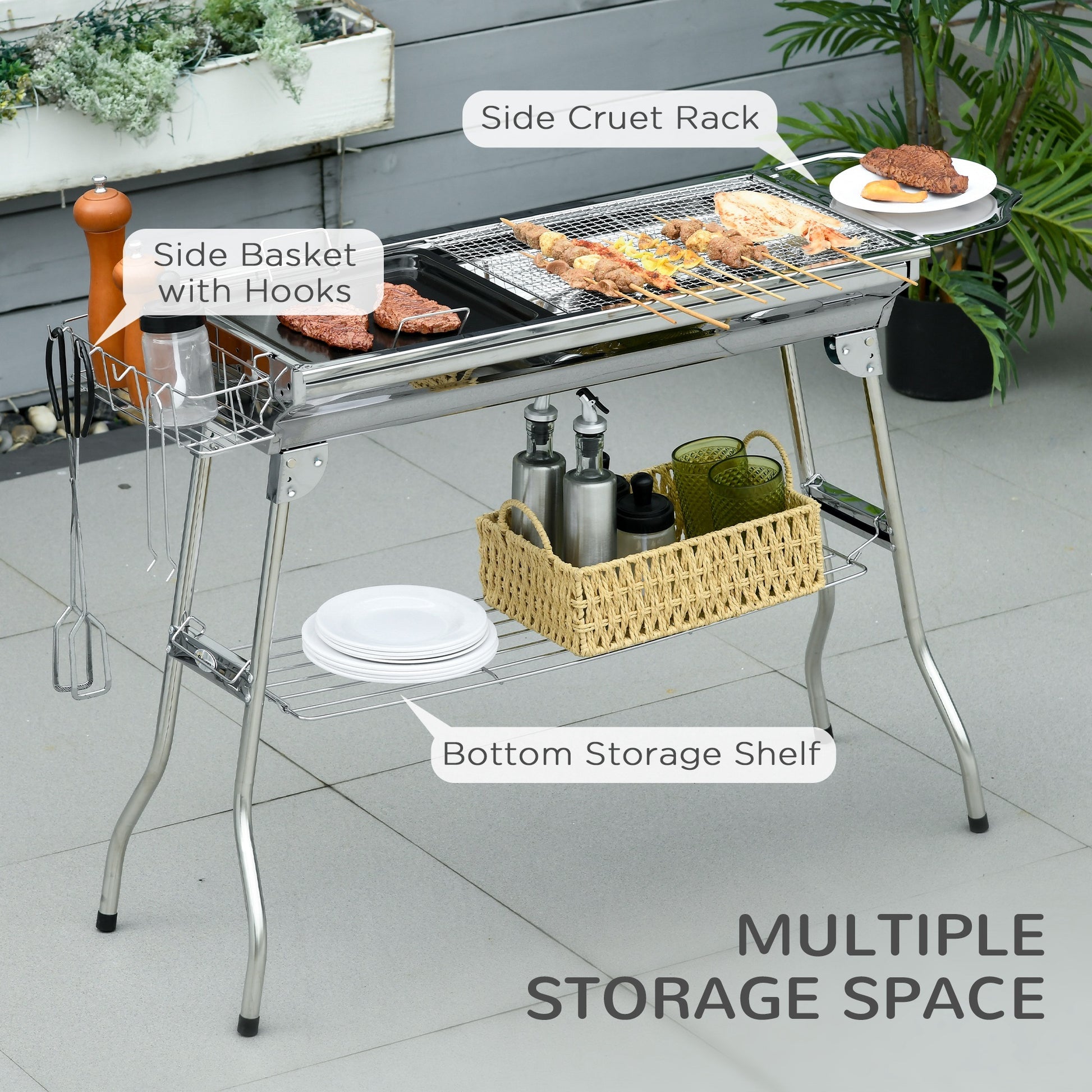 Outsunny Charcoal Grill, Stainless Steel Portable Folding Bbq, Outdoor Hibachi For Backyard Cooking, Camping, Picnic, Party, Tailgating And Travel With Pan, Grill Rack, Shelves, And Hooks Silver Stainless Steel