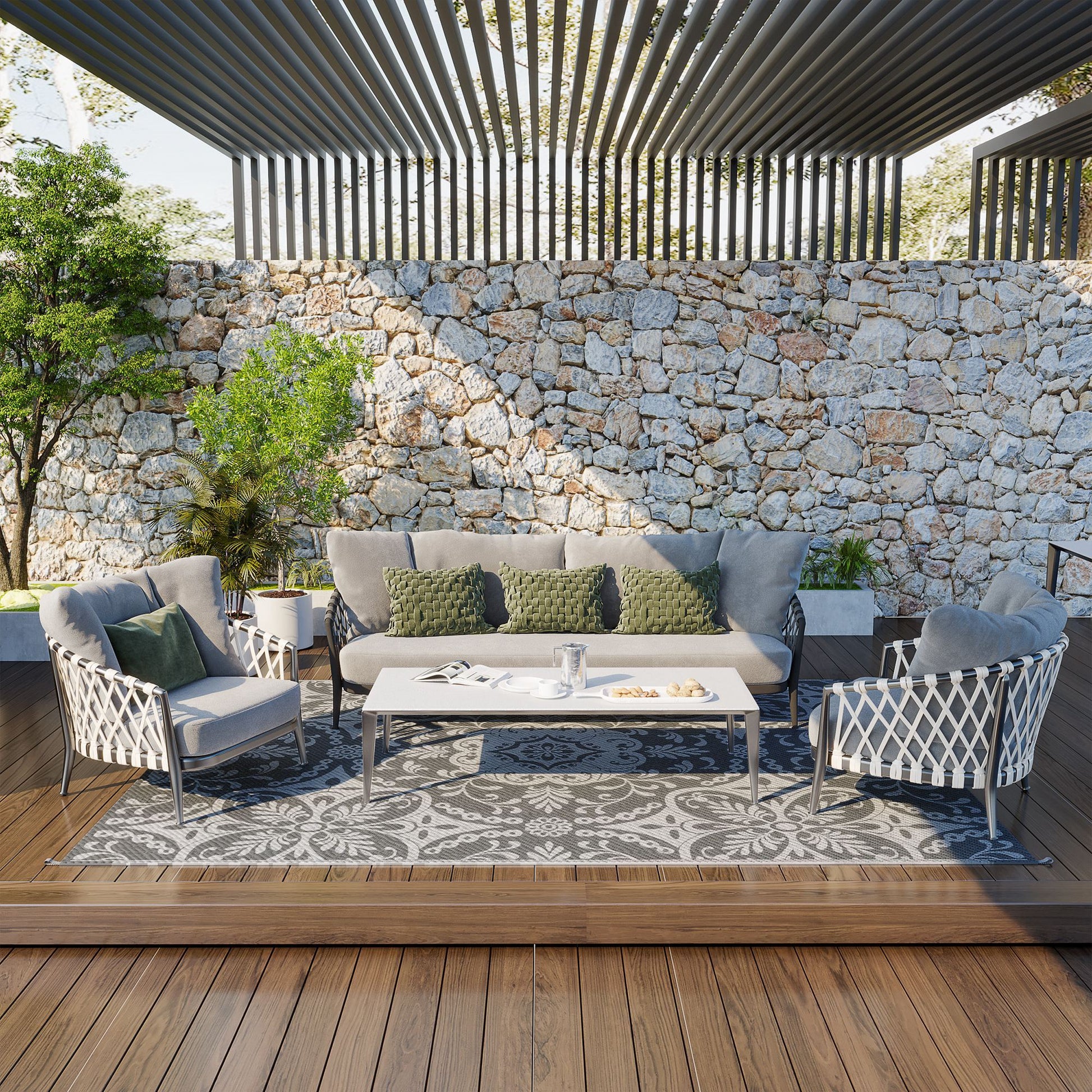 Outsunny Reversible Outdoor Rug Carpet, 9' X 12' Waterproof Plastic Straw Rug, Portable Rv Camping Rugs With Carry Bag, Large Floor Mat For Backyard, Deck, Picnic, Beach, Gray & White Floral Gray Polypropylene
