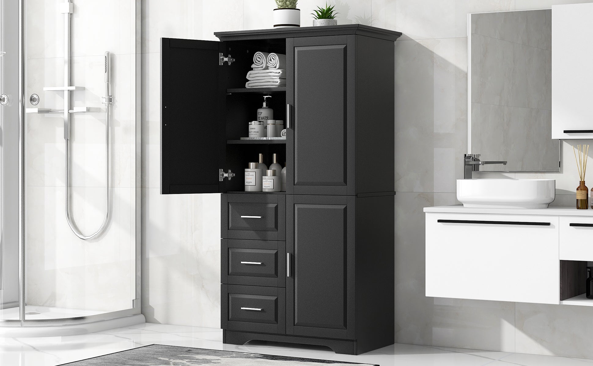 Tall And Wide Storage Cabinet With Doors For Bathroom Office, Three Drawers, Black Black Mdf