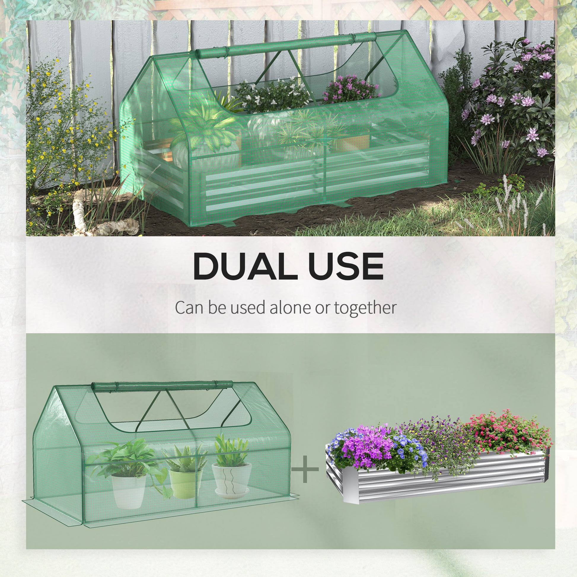 Outsunny 6' X 3' Galvanized Raised Garden Bed With Mini Pe Greenhouse Cover, Outdoor Metal Planter Box With 2 Roll Up Windows For Growing Flowers, Fruits, Vegetables And Herbs, Silver Silver Polyethylene