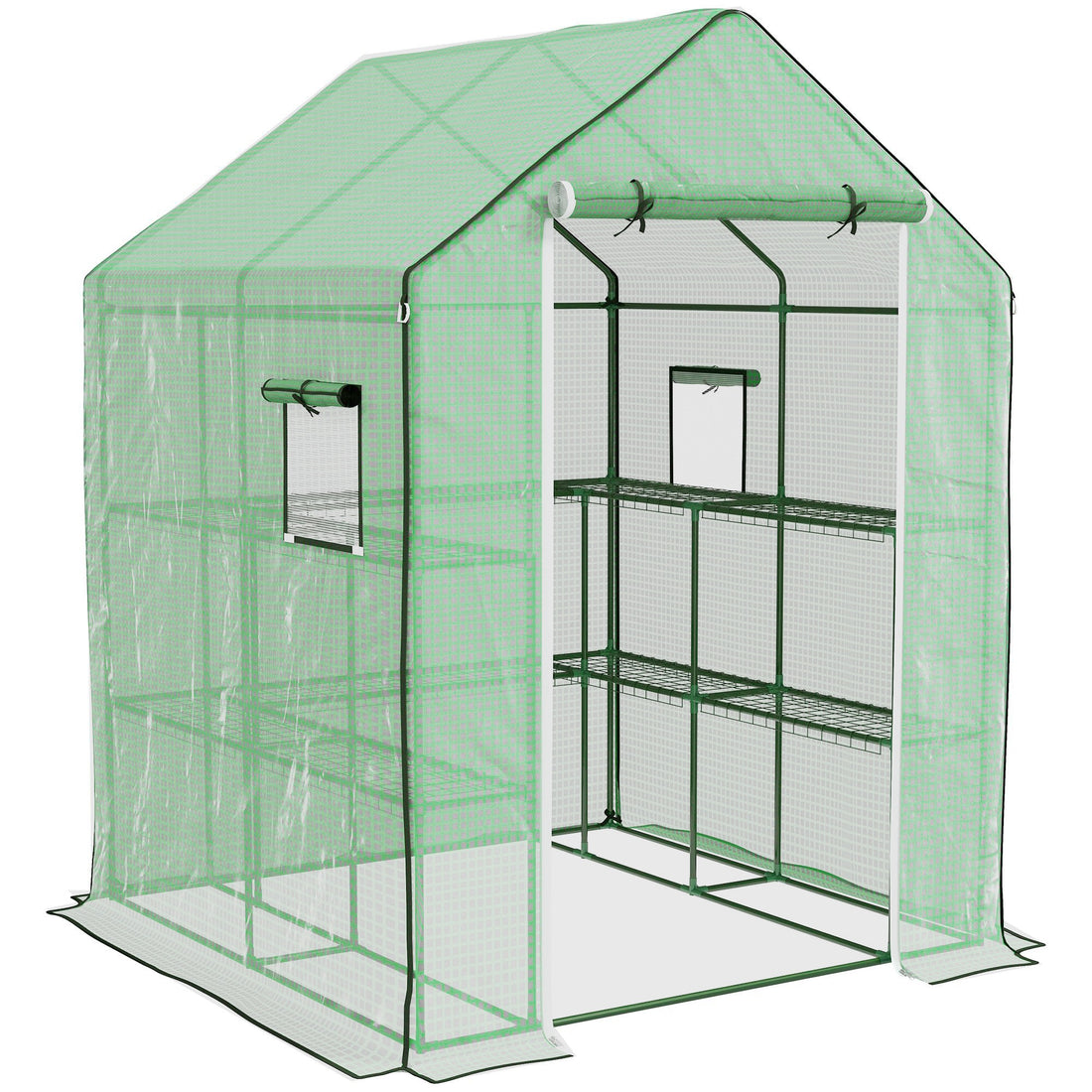 Outsunny 4.6' X 4.7' Portable Greenhouse, Water Uv Resistant Walk In Small Outdoor Greenhouse With 2 Tier U Shaped Flower Rack Shelves, Roll Up Door & Windows, Green Green Steel