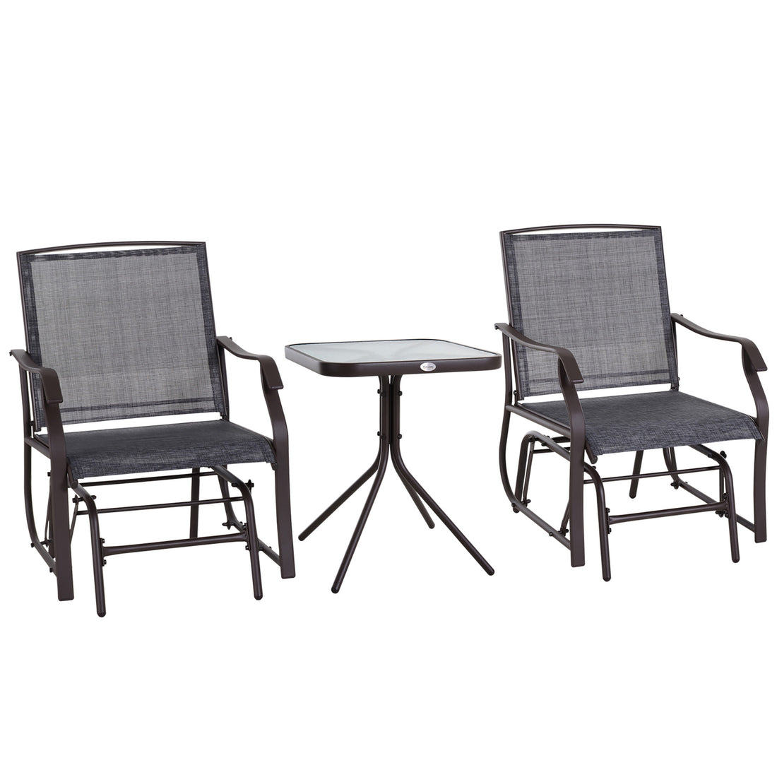 Outsunny 3 Piece Outdoor Glider Chair With Coffee Table Bistro Set, 2 Patio Rocking Swing Chairs Withsling Fabric, Glass Tabletop, For Backyard, Garden And Porch, Gray Gray Steel