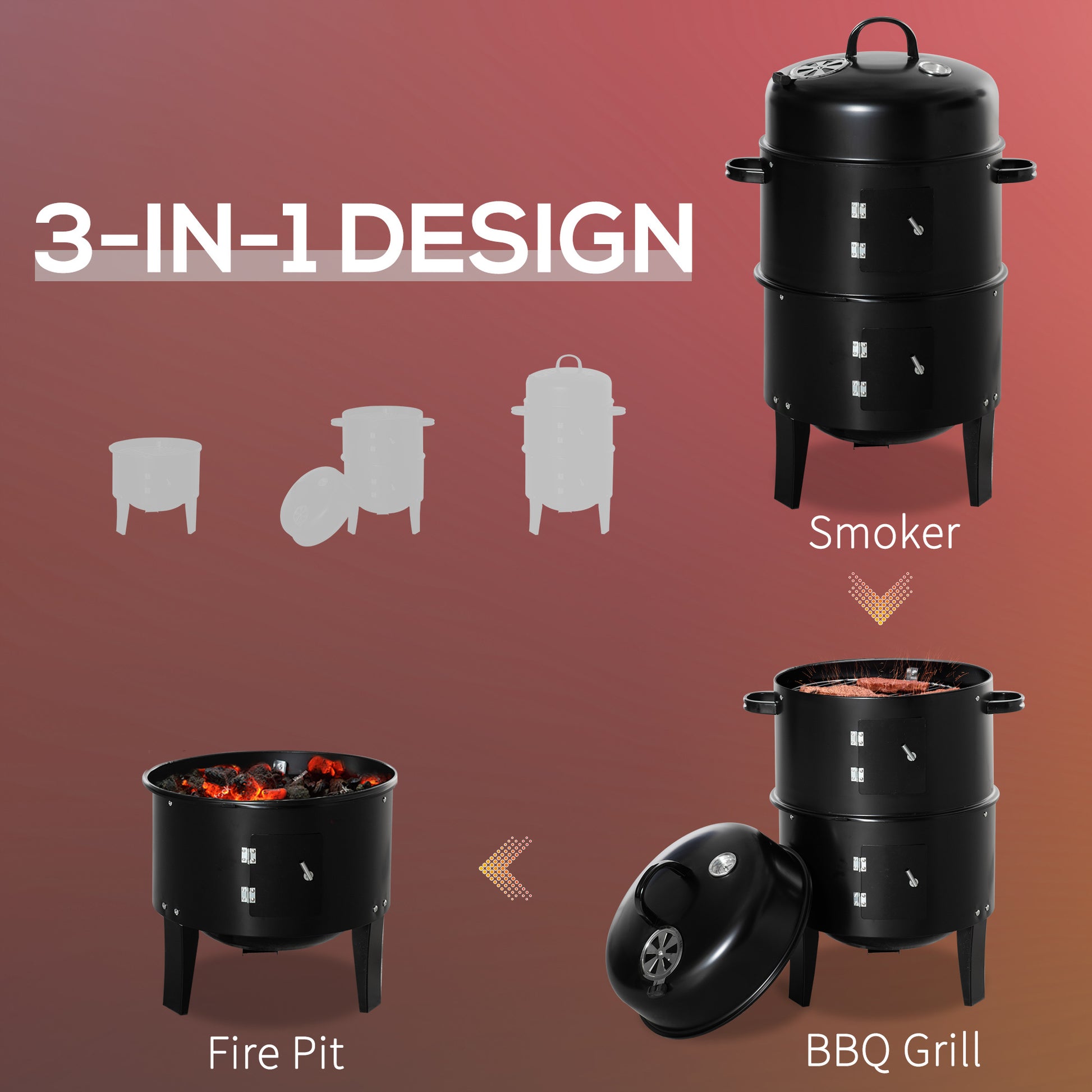 Outsunny Vertical Charcoal Bbq Smoker, 3 In 1 16" Round Charcoal Barbecue Grill With 2 Cooking Area, And Thermometer For Outdoor Camping Picnic Backyard Cooking, Black Black Metal
