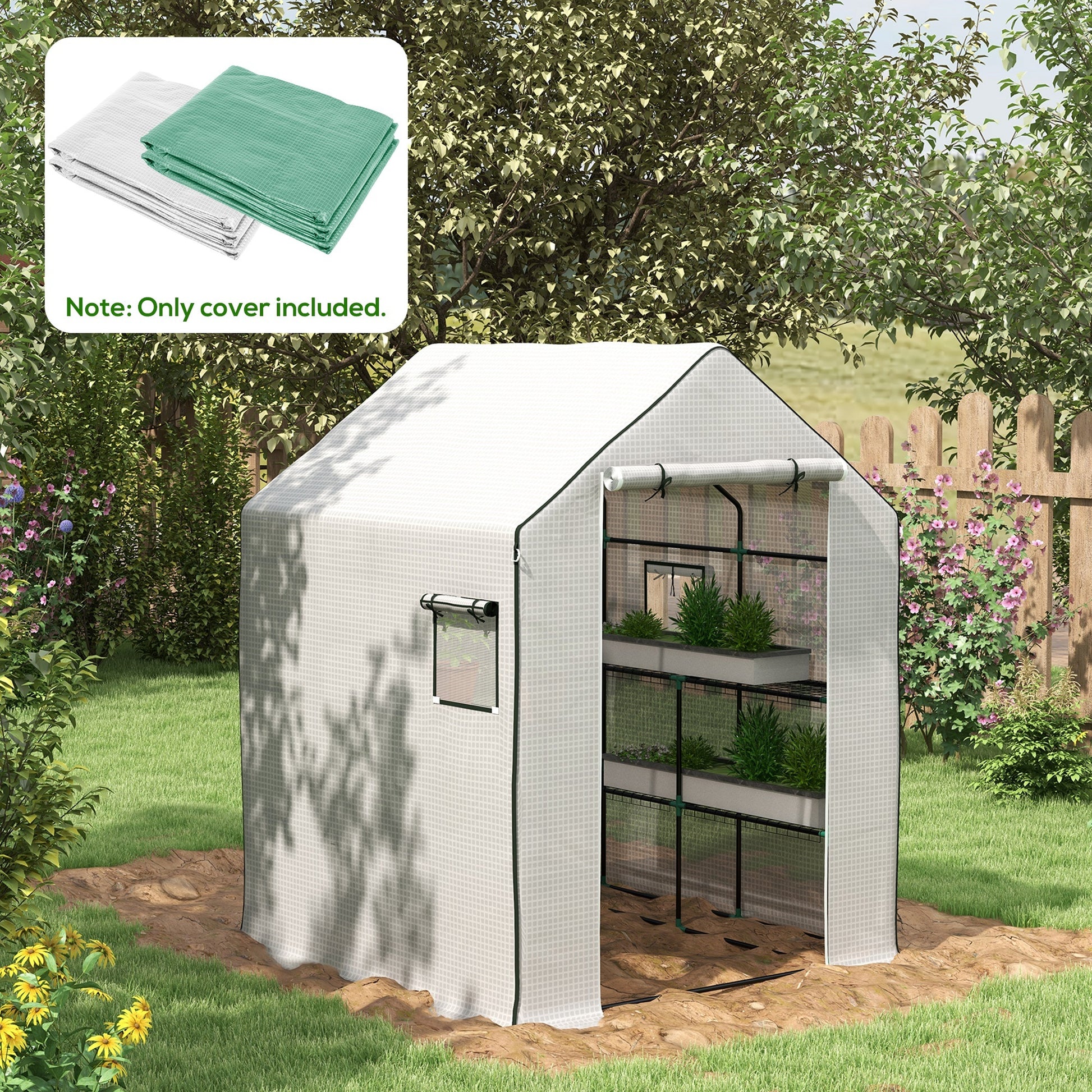 Outsunny 2 Pieces Walk In Greenhouse Replacement Cover For 01 0472 W Roll Up Door And Mesh Windows, 55"X56.25"X74.75" Reinforced Anti Tear Pe Hot House Cover Frame Not Included , White And Green Green Polyethylene