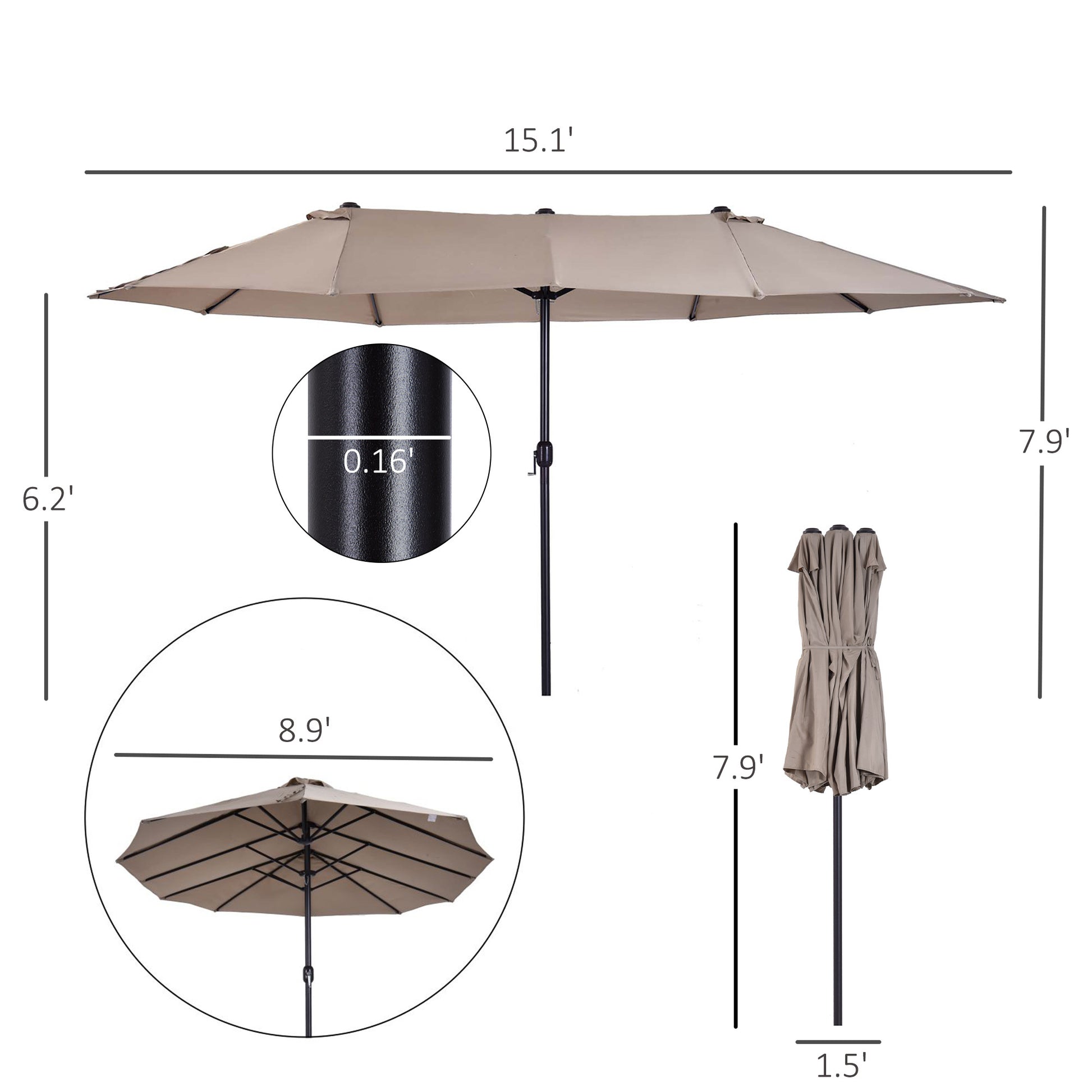 Outsunny Extra Large 15Ft Patio Umbrella, Double Sided Outdoor Umbrella With Crank Handle And Air Vents For Backyard, Deck, Pool, Market, Tan Brown Steel