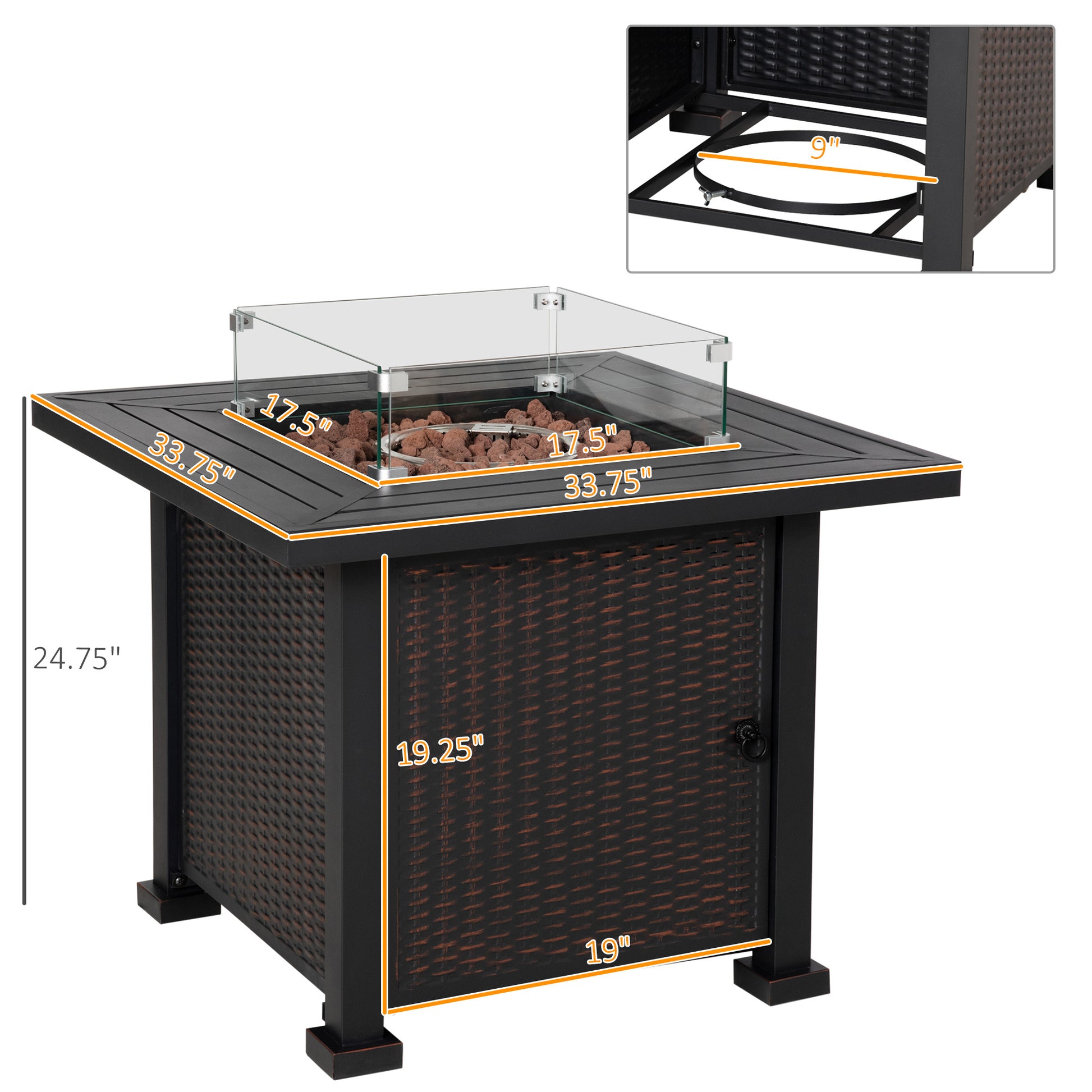 Outsunny 34 Inch Outdoor Propane Gas Fire Pit Table, 50,000 Btu Auto Ignition Square Wicker Effect Gas Firepit With Glass Wind Guard, Lid, Lava Rocks, Steel Base, Csa Certification, Black Black Steel