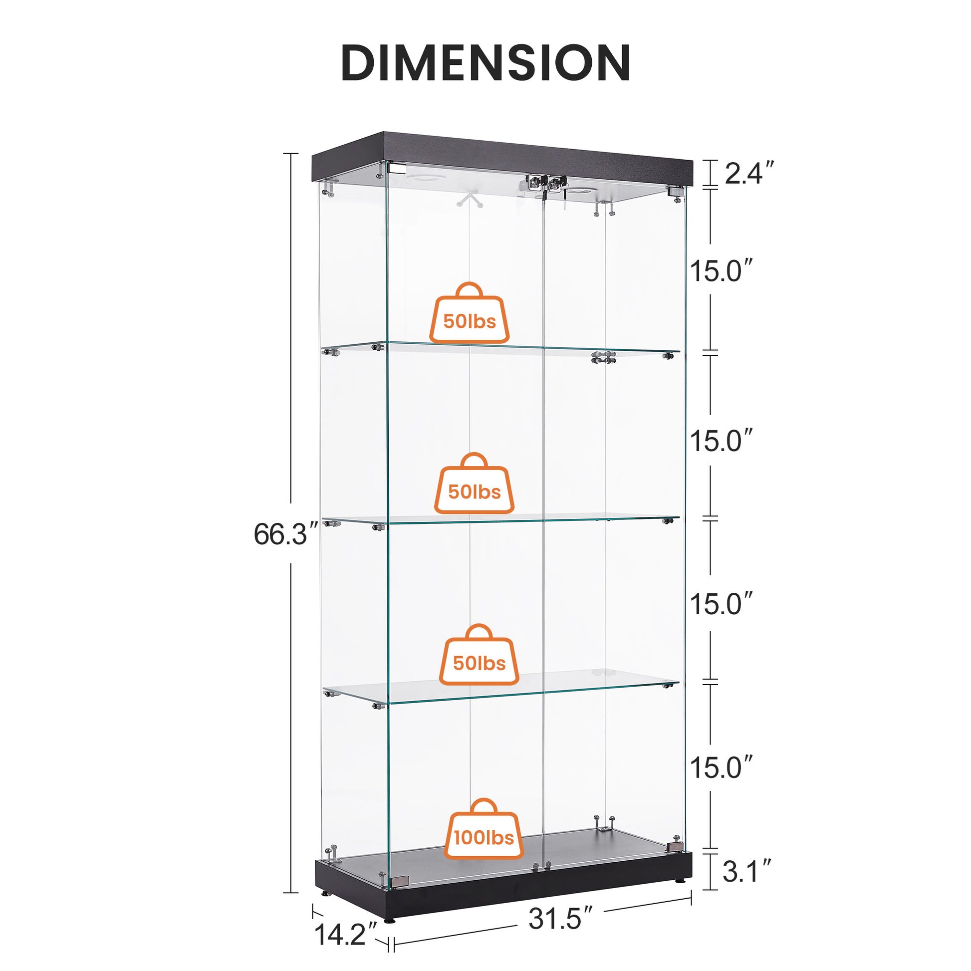 4 Tier Glass Display Cabinet, Double Door Glass Cabinet, Four Partitions, Two Locks, Floor Standing Storage Cabinet For Living Room, Bedroom, Showroom And Office, Black, 31.5"L X 14.2"W X 66.3"H Black Glass