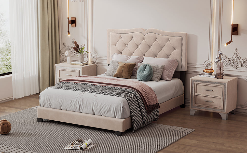 Full Size Upholstered Bed Frame With Rivet Design, Modern Velvet Platform Bed With Tufted Headboard,Beige Beige Velvet