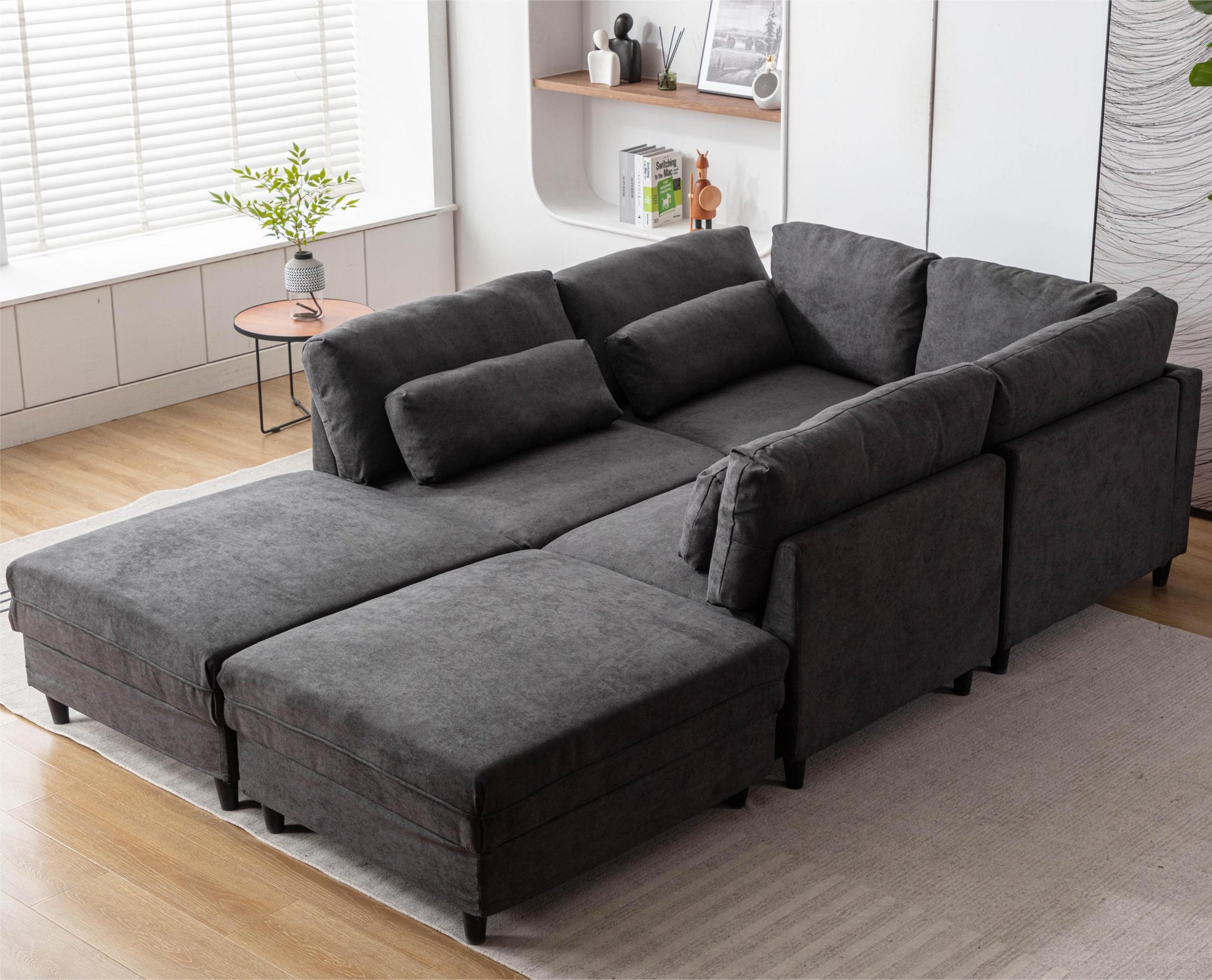 Oversized Modular Sectional Fabric Sofa Set With 6Pcs Pillows, Extra Large U Shaped Couch With Reversible Chaise, 145 Inch Long, 6 Seat Modular Sofa With Ottamans Dark Gray Light Brown Polyester Wood Primary Living Space Medium Soft Cushion Back Modern