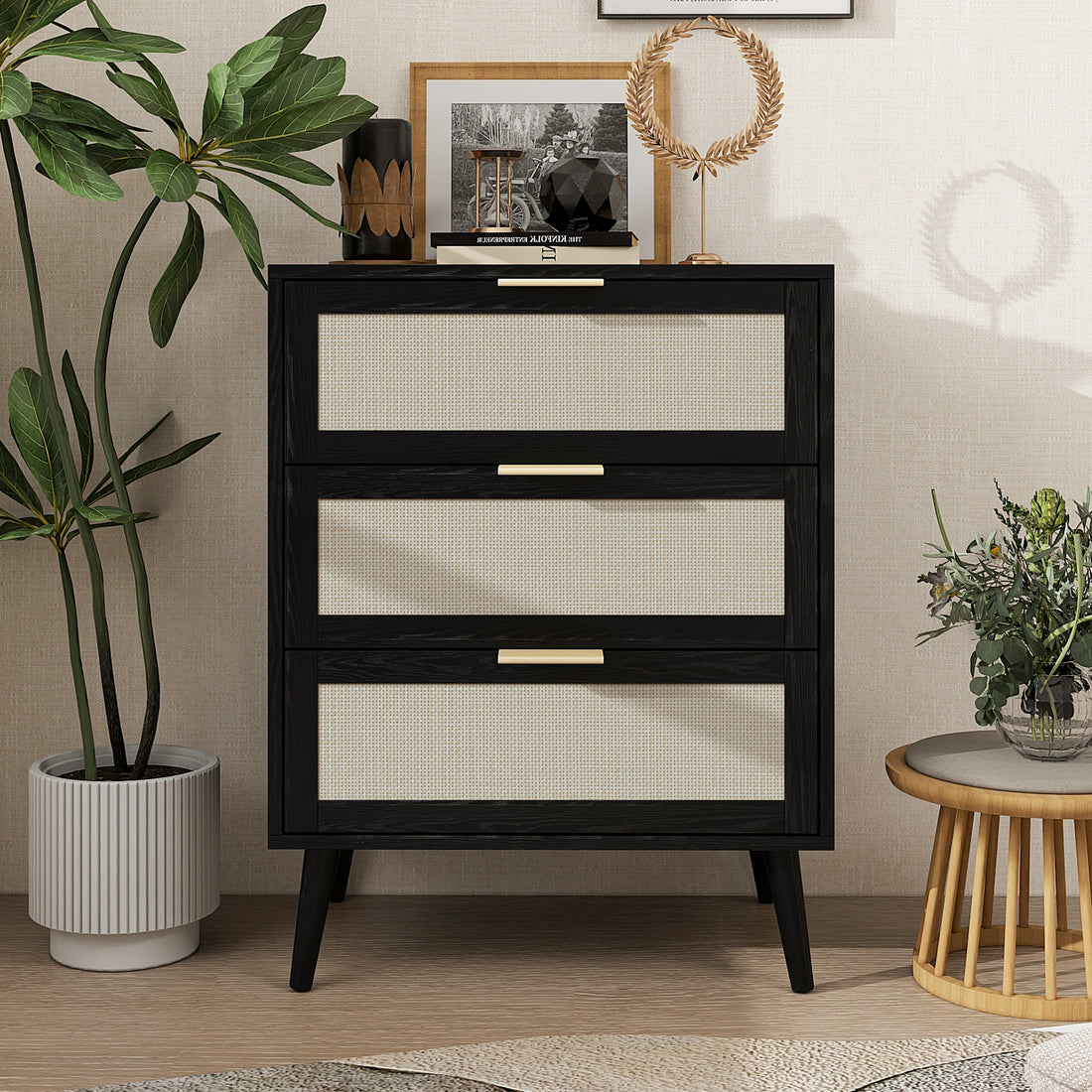 3 Drawer Cabinet, Suitable For Bedroom, Living Room, Study Black Particle Board