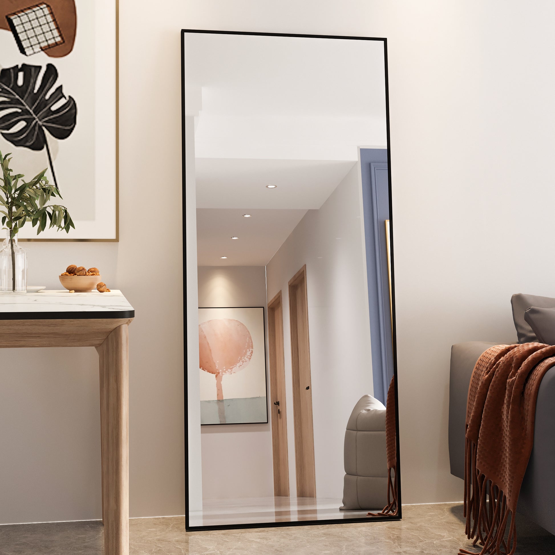 Tempered Mirror 71" X 32" Tall Full Length Mirror With Stand, Black Wall Mounting Full Body Mirror, Metal Frame Full Length Mirror For Living Room, Bedroom Black Glass