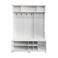 Hall Tree With Shoe Bench, Coat Rack ,Shoe Storage ,Storage Shelves And Pegboard, For Hallways, Halls And Bedrooms, White White Mdf Metal