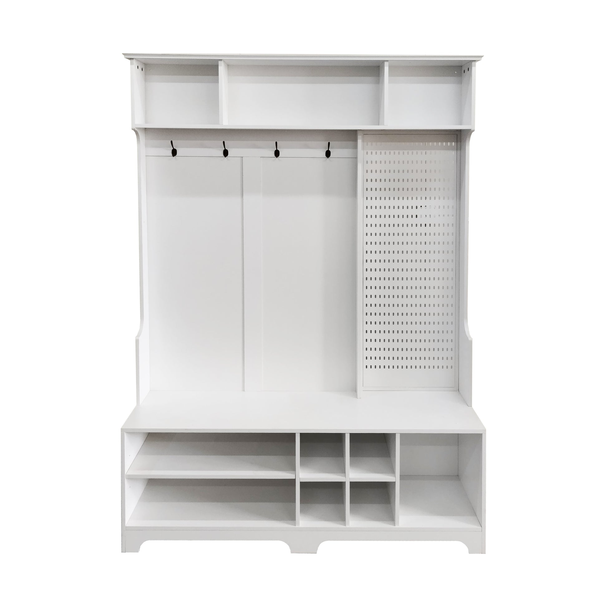 Hall Tree With Shoe Bench, Coat Rack ,Shoe Storage ,Storage Shelves And Pegboard, For Hallways, Halls And Bedrooms, White White Mdf Metal