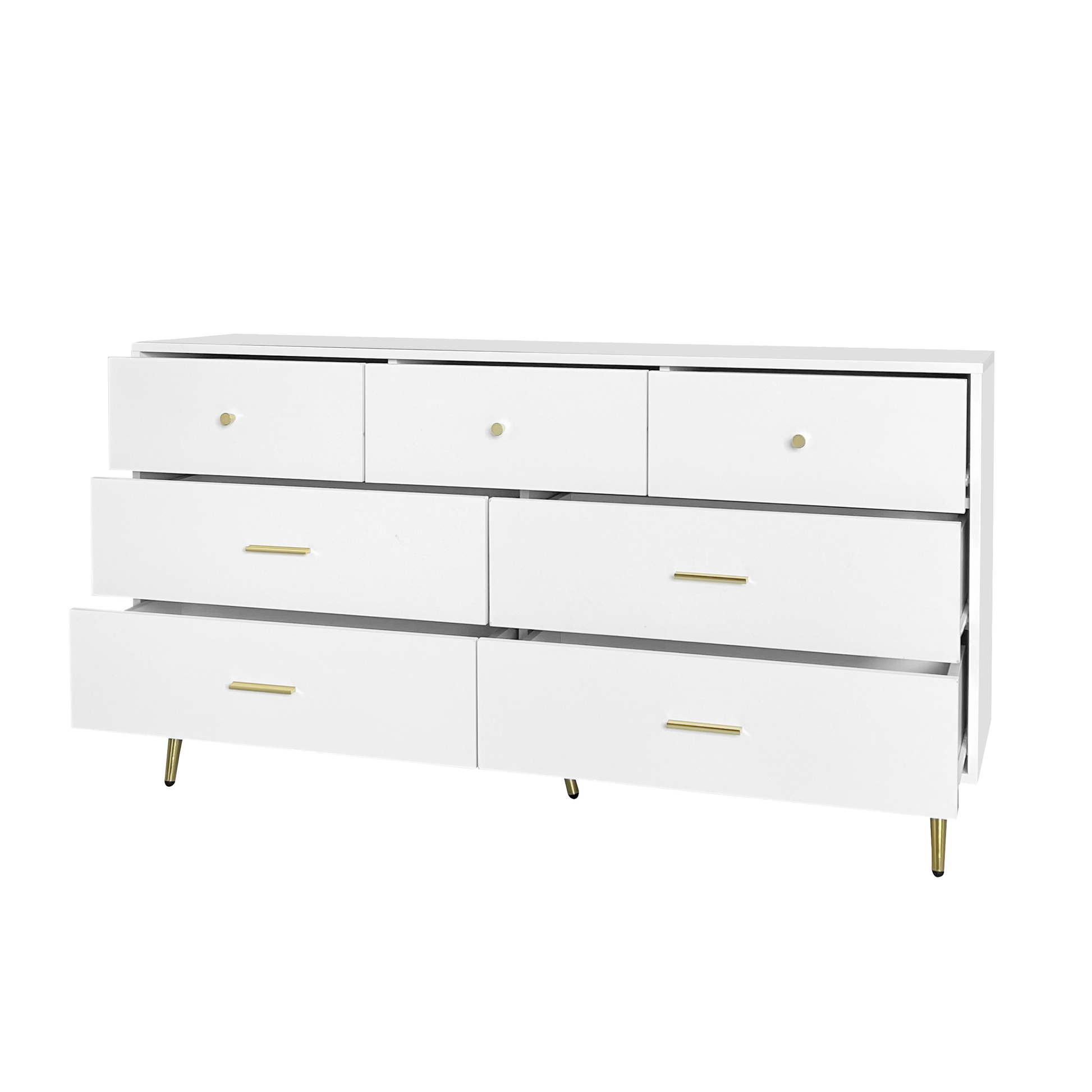 Seven Drawers Large Chest Of Drawer Cabinet With Golden Handle And Golden Legs White Color Matte White Particle Board