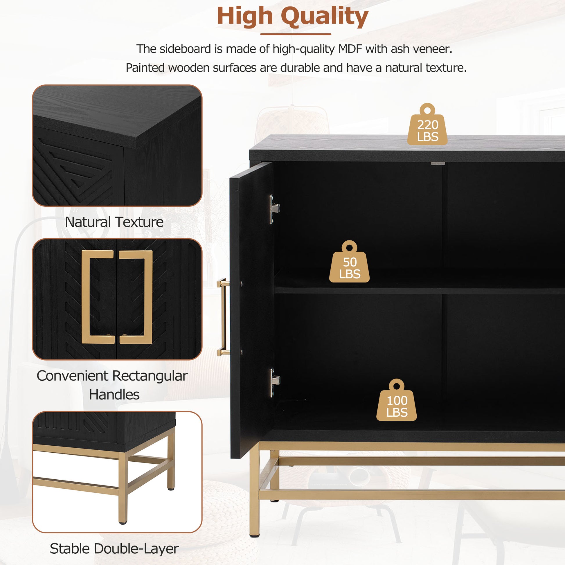 Sideboard Buffet Cabinet With Storage, Sideboard Cabinet With Adjustable Shelves, Rectangular Metal Handles And Legs For Kitchen, Living Room, And Dining Room, Black Black Mdf