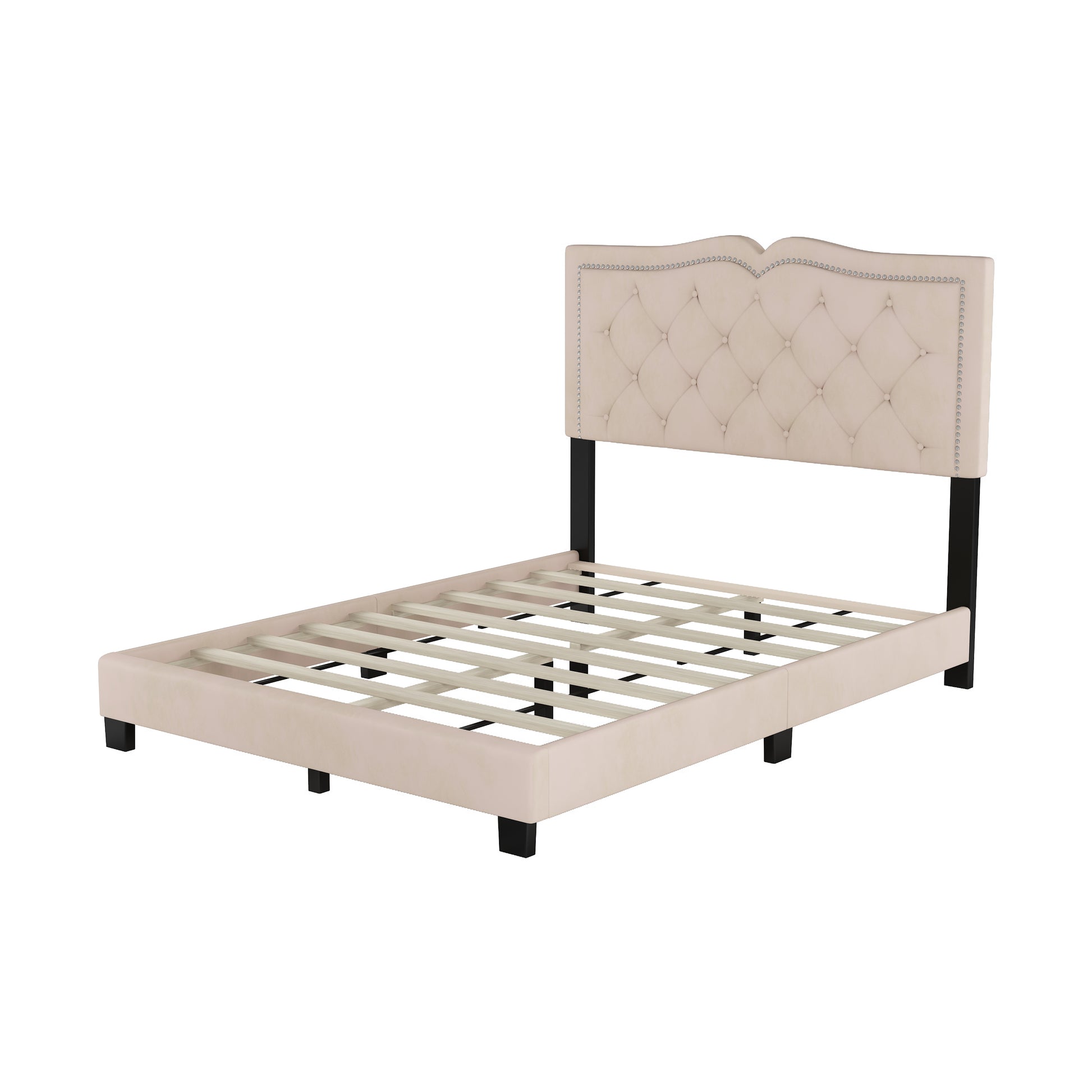 Full Size Upholstered Bed Frame With Rivet Design, Modern Velvet Platform Bed With Tufted Headboard,Beige Beige Velvet