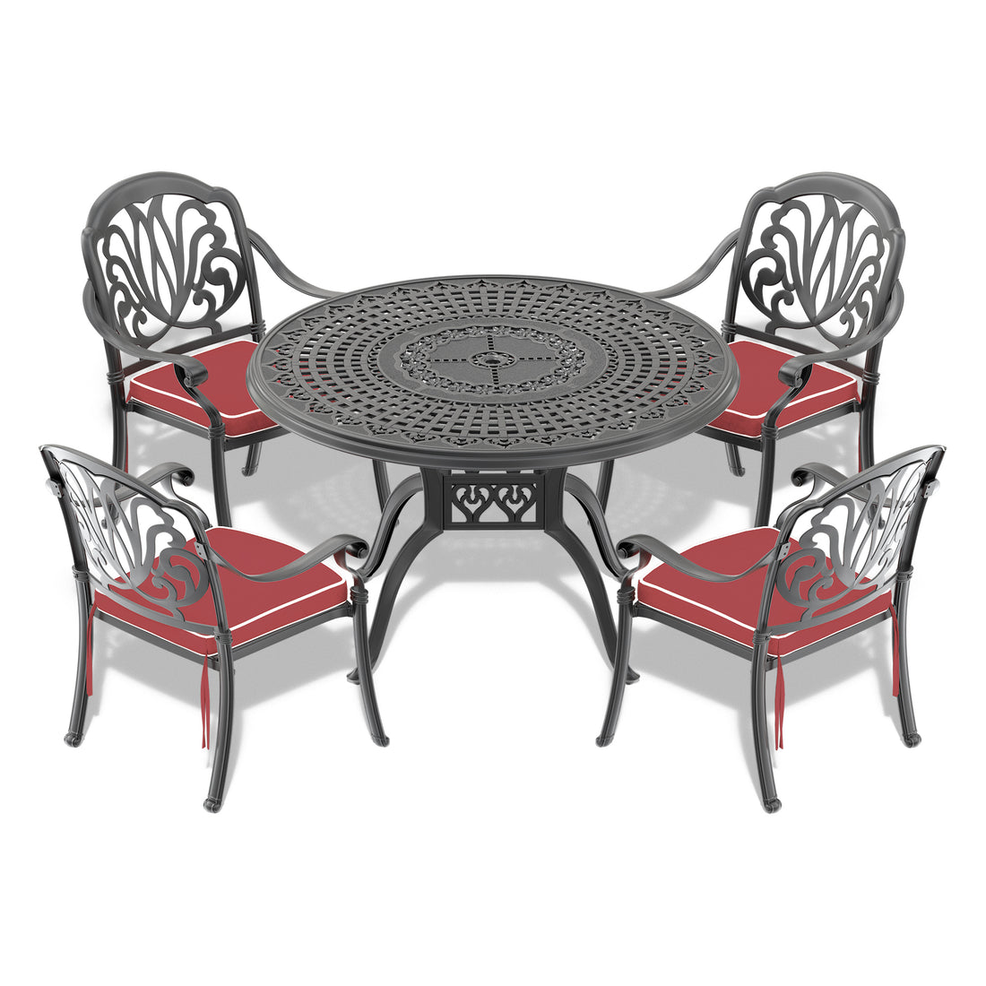 Cushions In Random Colors 5 Piece Set Of Cast Aluminum Patio Furniture With Cushions Yes Dining Set Black Seats 4 Rust Resistant Frame Water Resistant Cushion Garden & Outdoor Complete Patio Sets Aluminium