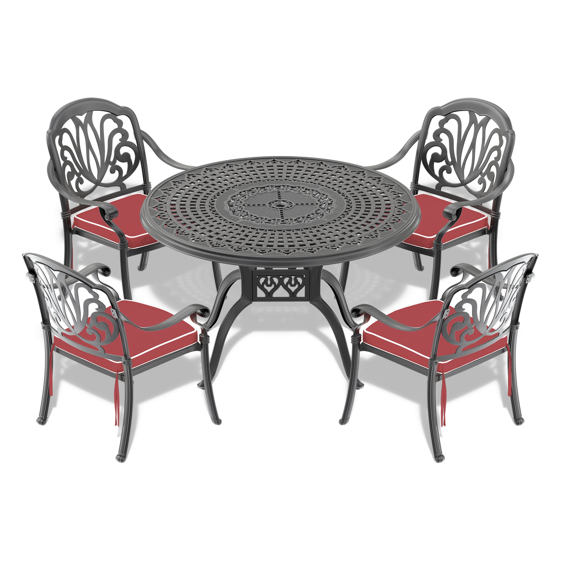 Cushions In Random Colors 5 Piece Set Of Cast Aluminum Patio Furniture With Cushions Yes Dining Set Black Seats 4 Rust Resistant Frame Water Resistant Cushion Garden & Outdoor Complete Patio Sets Aluminium