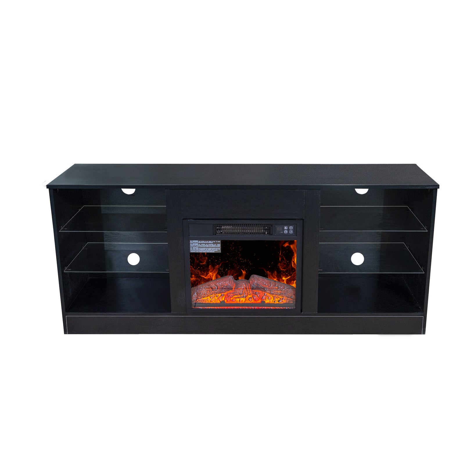 Fireplace Tv Stand With 18 Inch Electric Fireplace Heater,Modern Entertainment Center For Tvs Up To 62 Inch With Adjustable Glass Shelves And Storage Cabinets Black Black Mdf