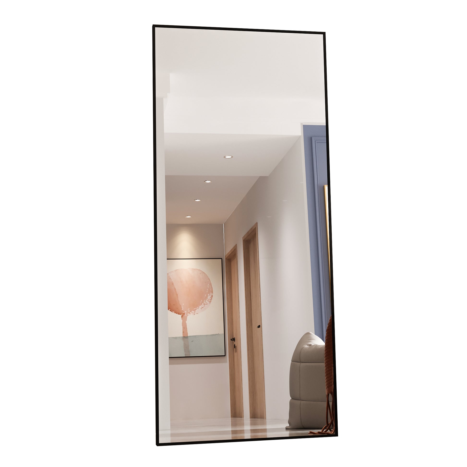 Tempered Mirror 71" X 32" Tall Full Length Mirror With Stand, Black Wall Mounting Full Body Mirror, Metal Frame Full Length Mirror For Living Room, Bedroom Black Glass