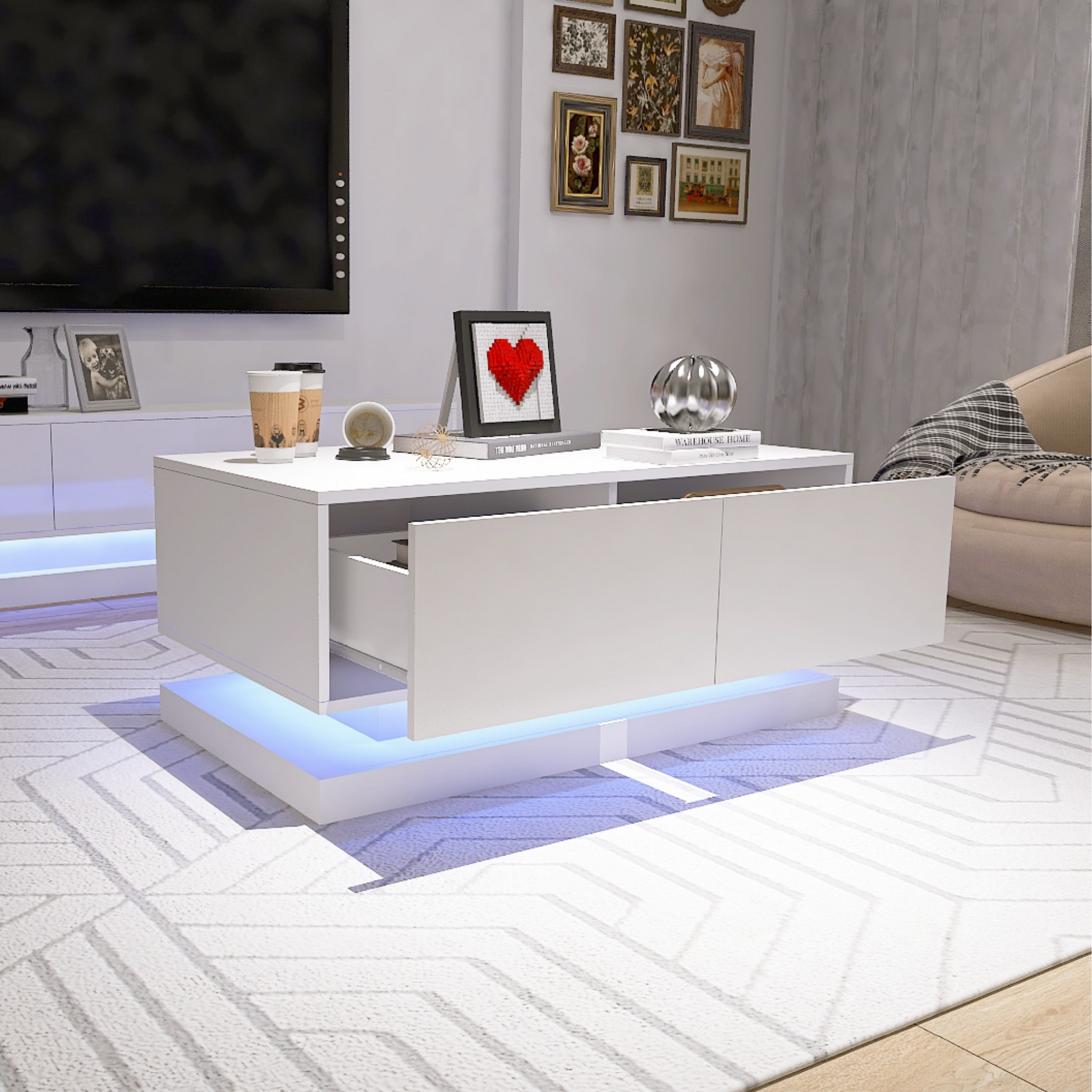 High Glossy Coffee Table With 2 Drawers Have Rgb Led Light With Buletooth Control White White Primary Living Space Rosewood Square Drawers Coffee & End Tables Lacquered Particle Board