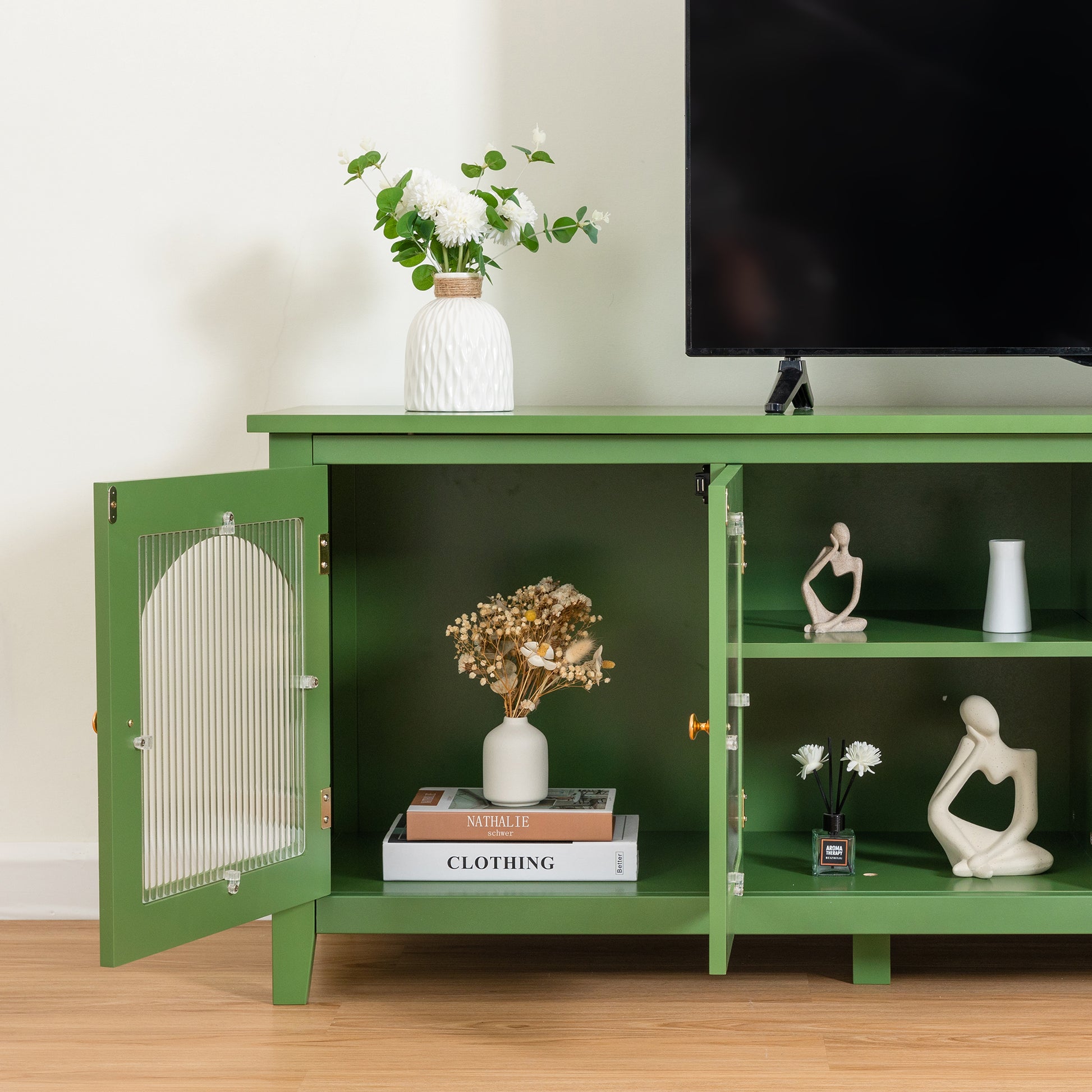 71 Inch Stylish Tv Cabinet,Entertainment Centertv Stand,Tvconsoletable, Media Console,Solidwood Frame,Changhong Glass Door,Metal Handle,Antique Green,For The Children'S Room,Bedroom Living Room Antique Green Primary Living Space 75 Inches 70 79 Inches