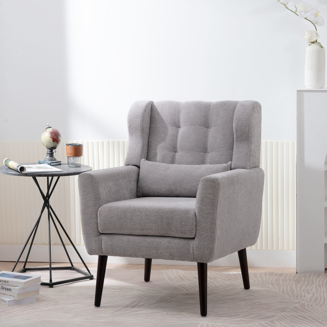 Modern Accent Chair,Chenille Arm Chairs For Living Room,Upholstered Mordern Armchair,Comfy Soft Padded Lounge Chair In Small Space, Bedroom, W Pillow, Solid Wood Leg Gray Grey Light Brown Primary Living Space Modern Rubberwood Foam Chenille