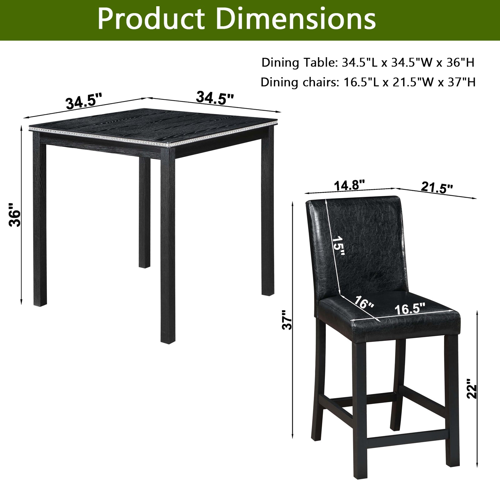 5 Piece Counter Height Table Set, Wooden Kitchen Table Set With Square Table And 4 Upholstered Chairs, Counter Height Dining Table With Crystal Decoration And Chair Set For Kitchen, Dining Room,Black Black Seats 4 Dining Room 4 Leg Square Dining Table
