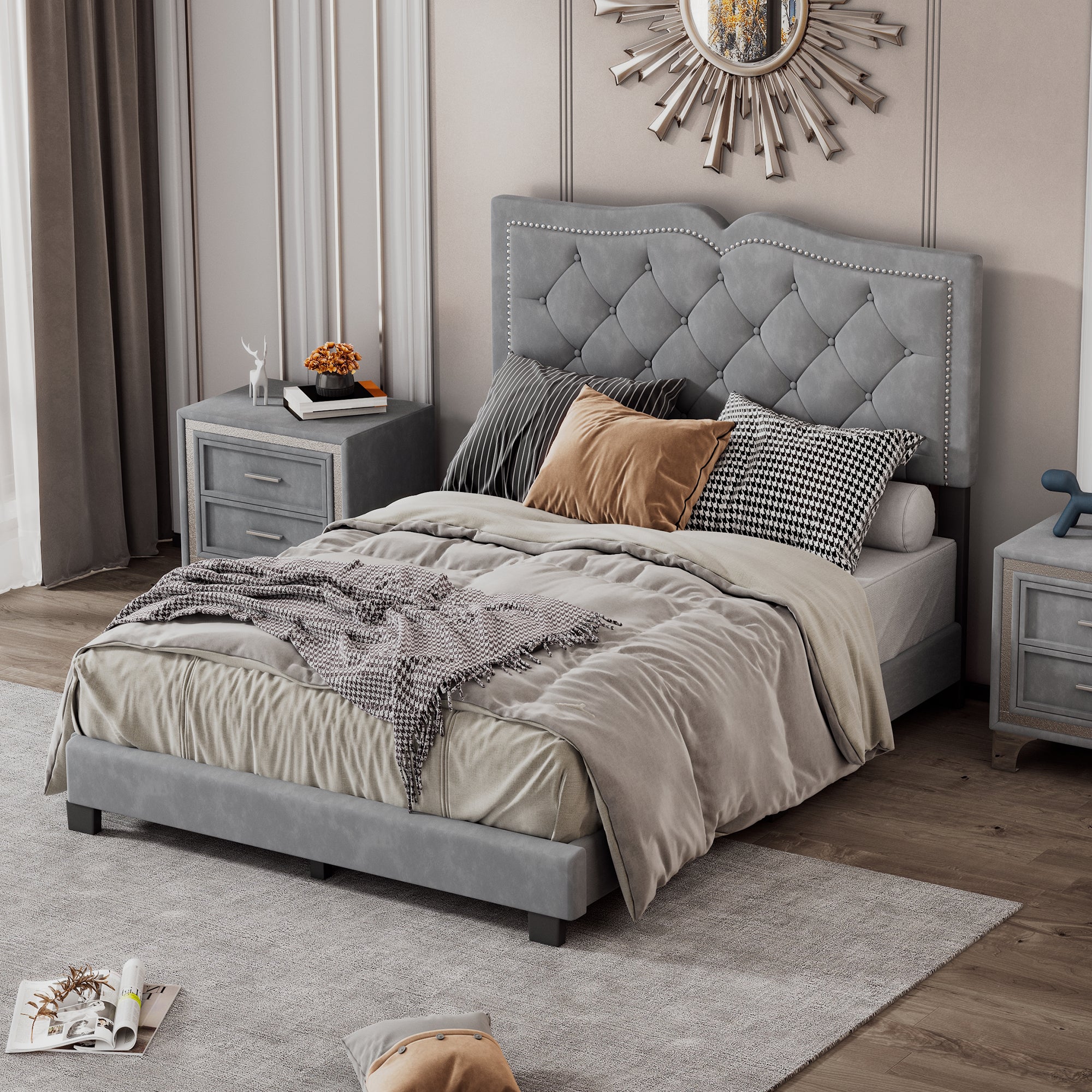 Full Size Upholstered Bed Frame With Rivet Design, Modern Velvet Platform Bed With Tufted Headboard,Gray Gray Velvet