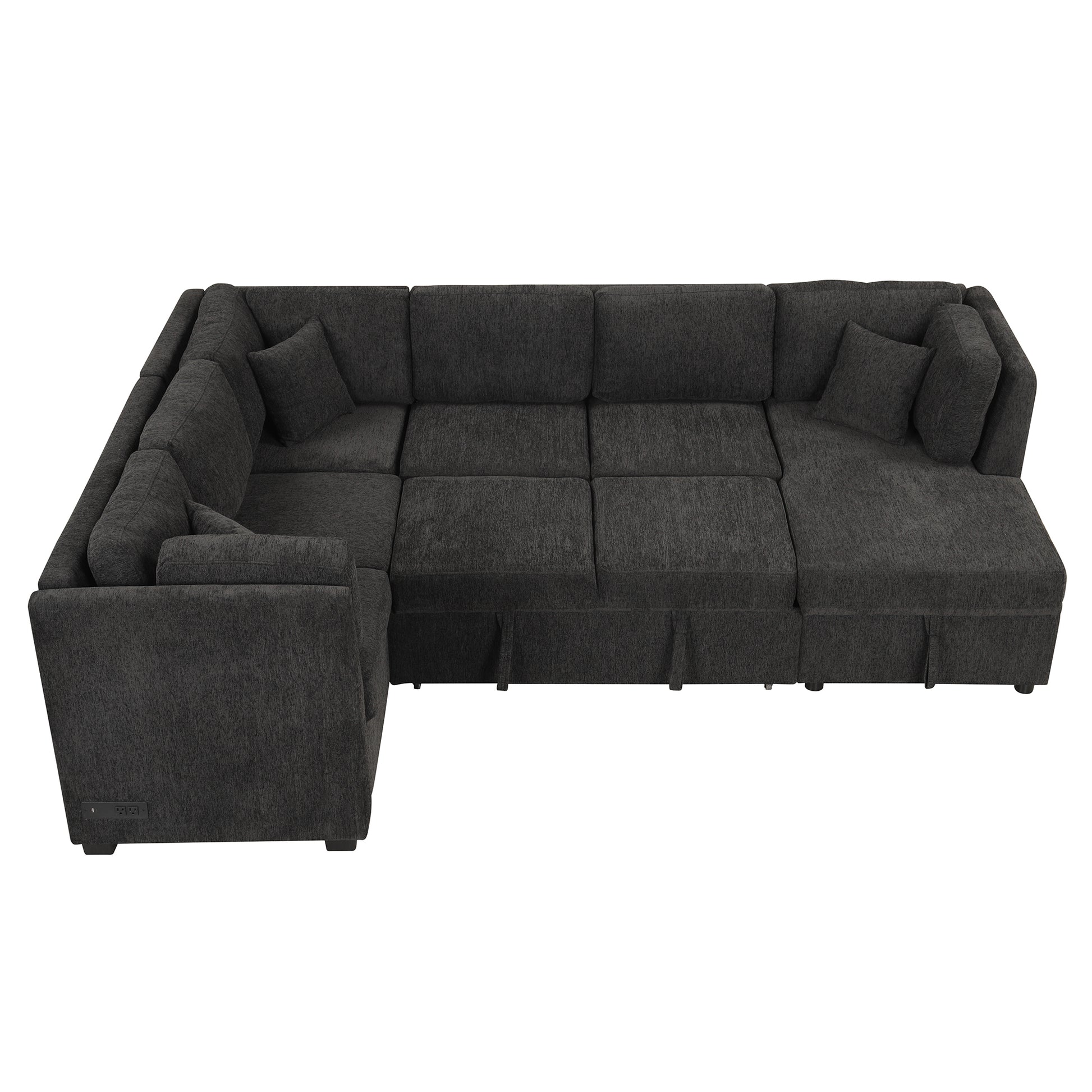 108.6" U Shaped Sectional Sofa Pull Out Sofa Bed With Two Usb Ports, Two Power Sockets, Three Back Pillows And A Storage Chaise For Living Room, Black Black Foam Chenille 5 Seat