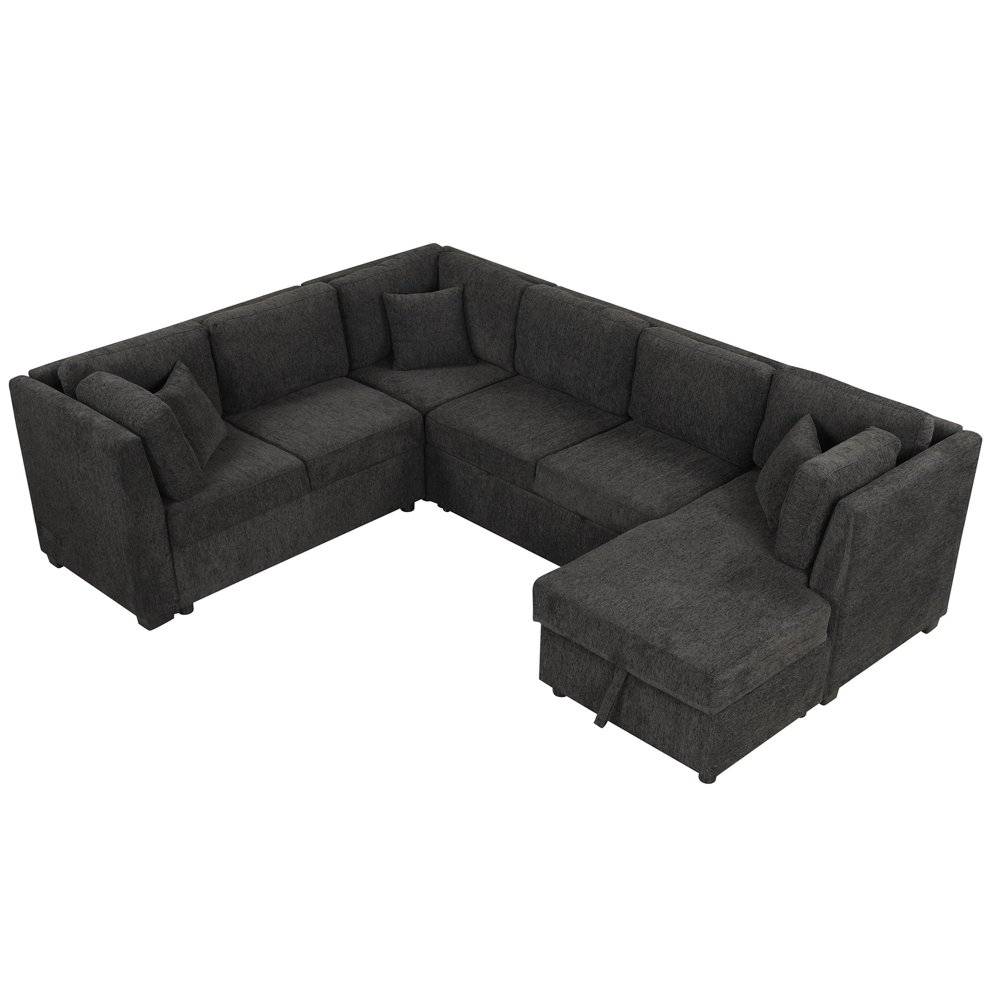 108.6" U Shaped Sectional Sofa Pull Out Sofa Bed With Two Usb Ports, Two Power Sockets, Three Back Pillows And A Storage Chaise For Living Room, Black Black Foam Chenille 5 Seat