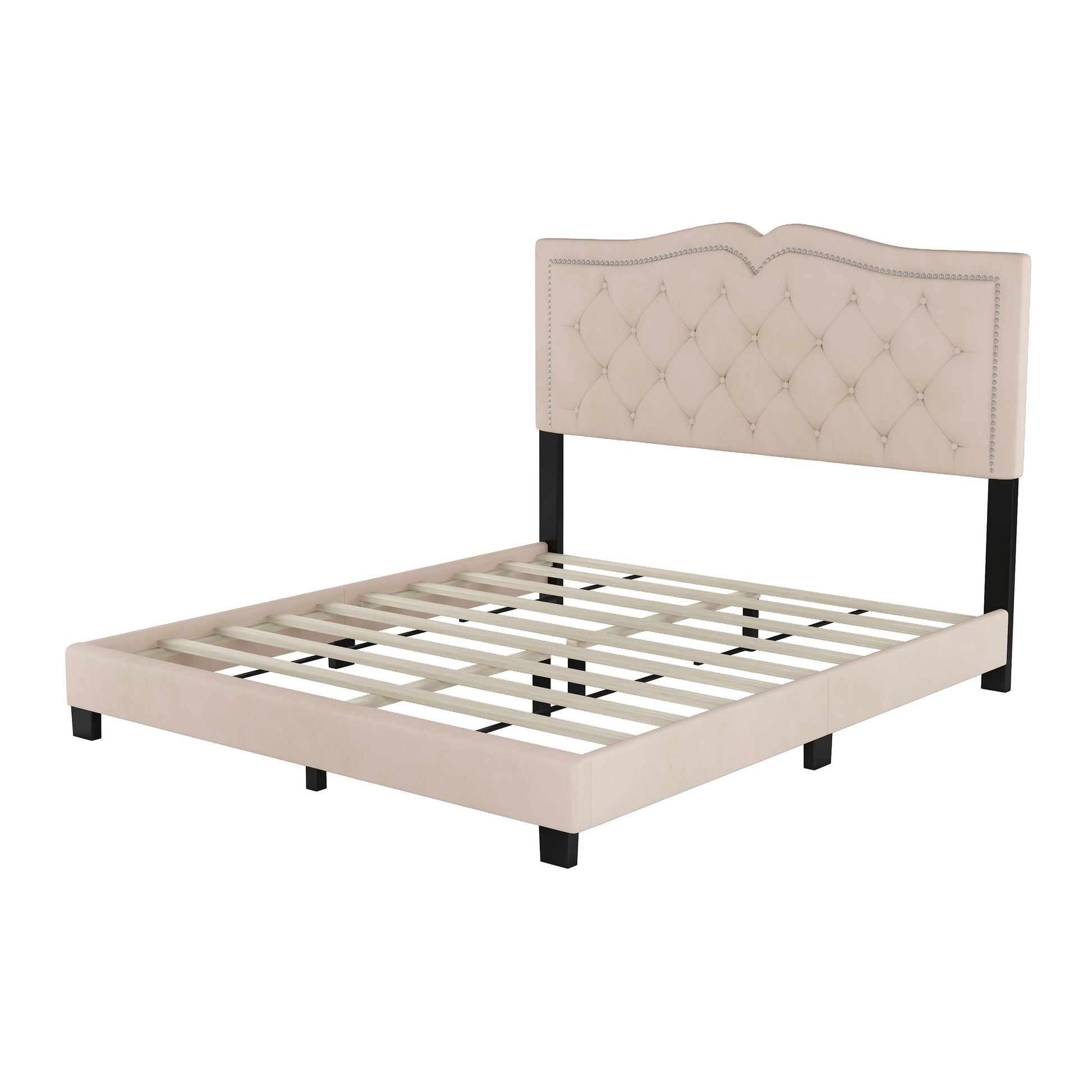 Queen Size Upholstered Bed Frame With Rivet Design, Modern Velvet Platform Bed With Tufted Headboard,Beige Beige Velvet