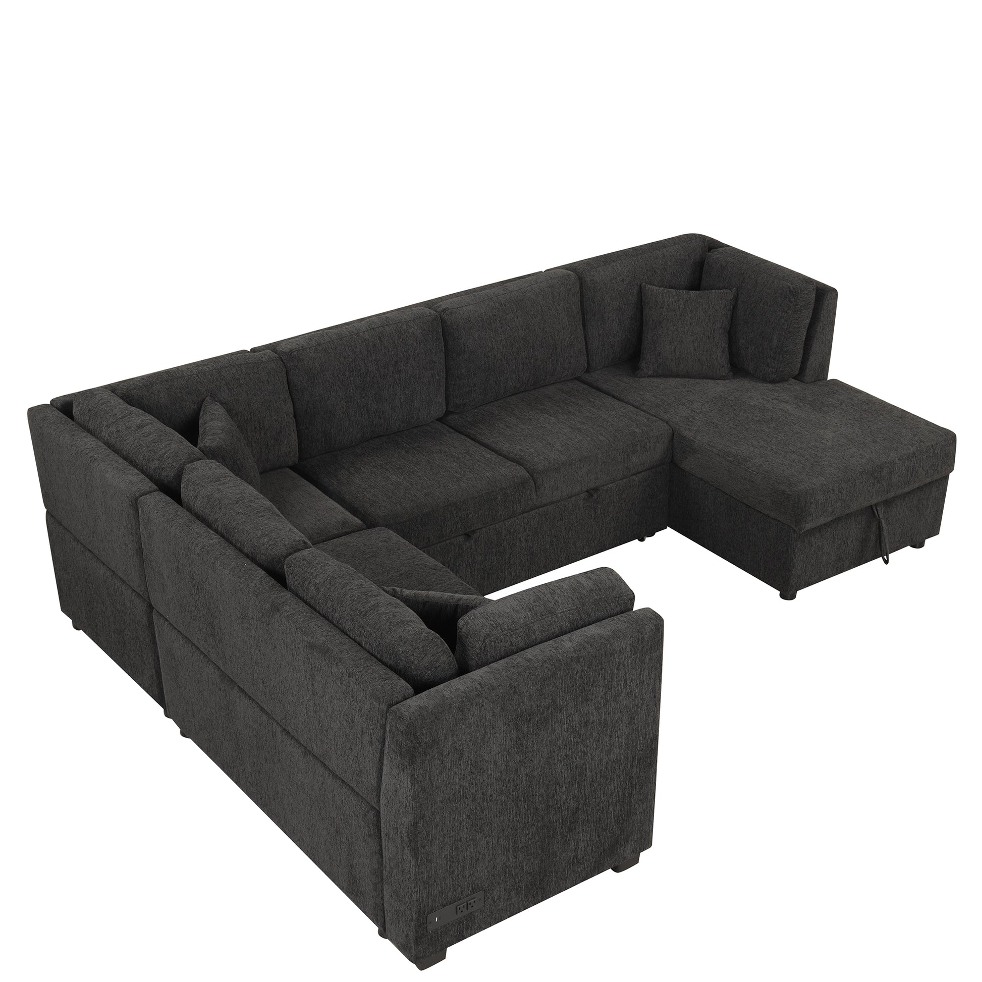 108.6" U Shaped Sectional Sofa Pull Out Sofa Bed With Two Usb Ports, Two Power Sockets, Three Back Pillows And A Storage Chaise For Living Room, Black Black Foam Chenille 5 Seat