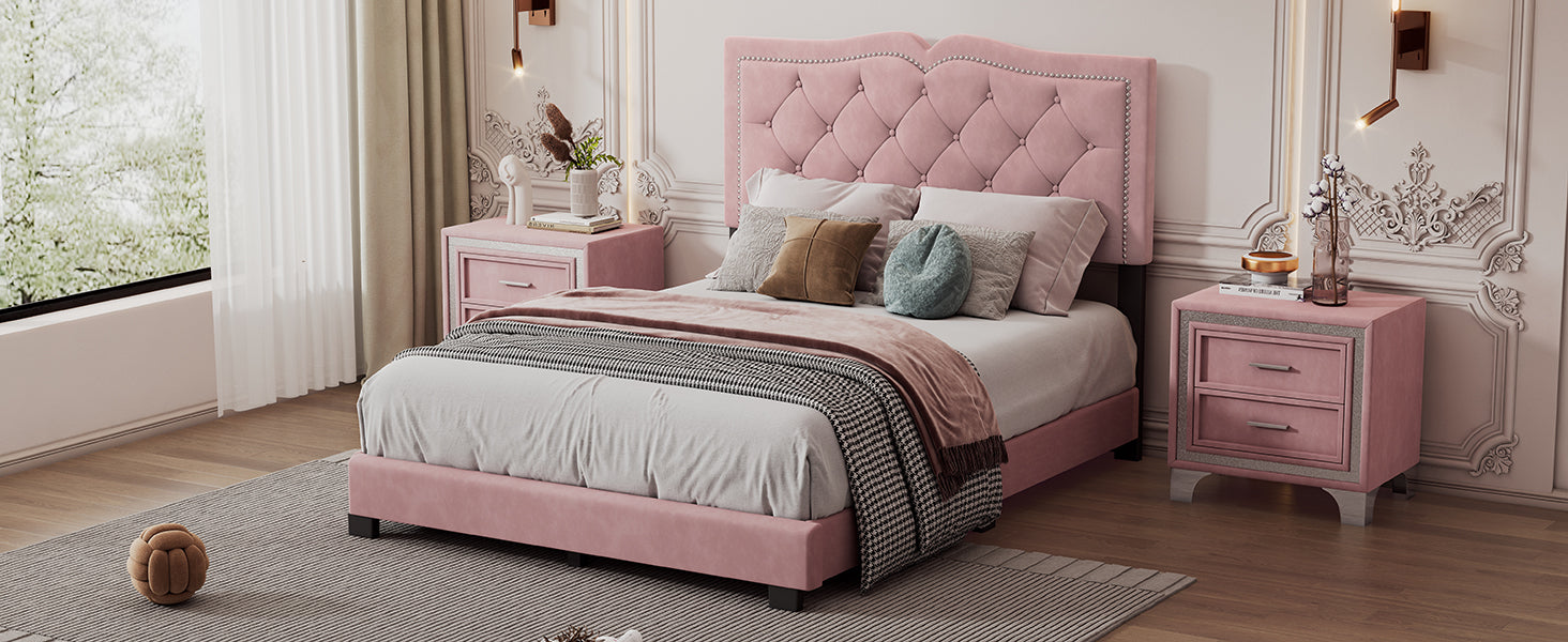 Full Size Upholstered Bed Frame With Rivet Design, Modern Velvet Platform Bed With Tufted Headboard,Pink Pink Velvet