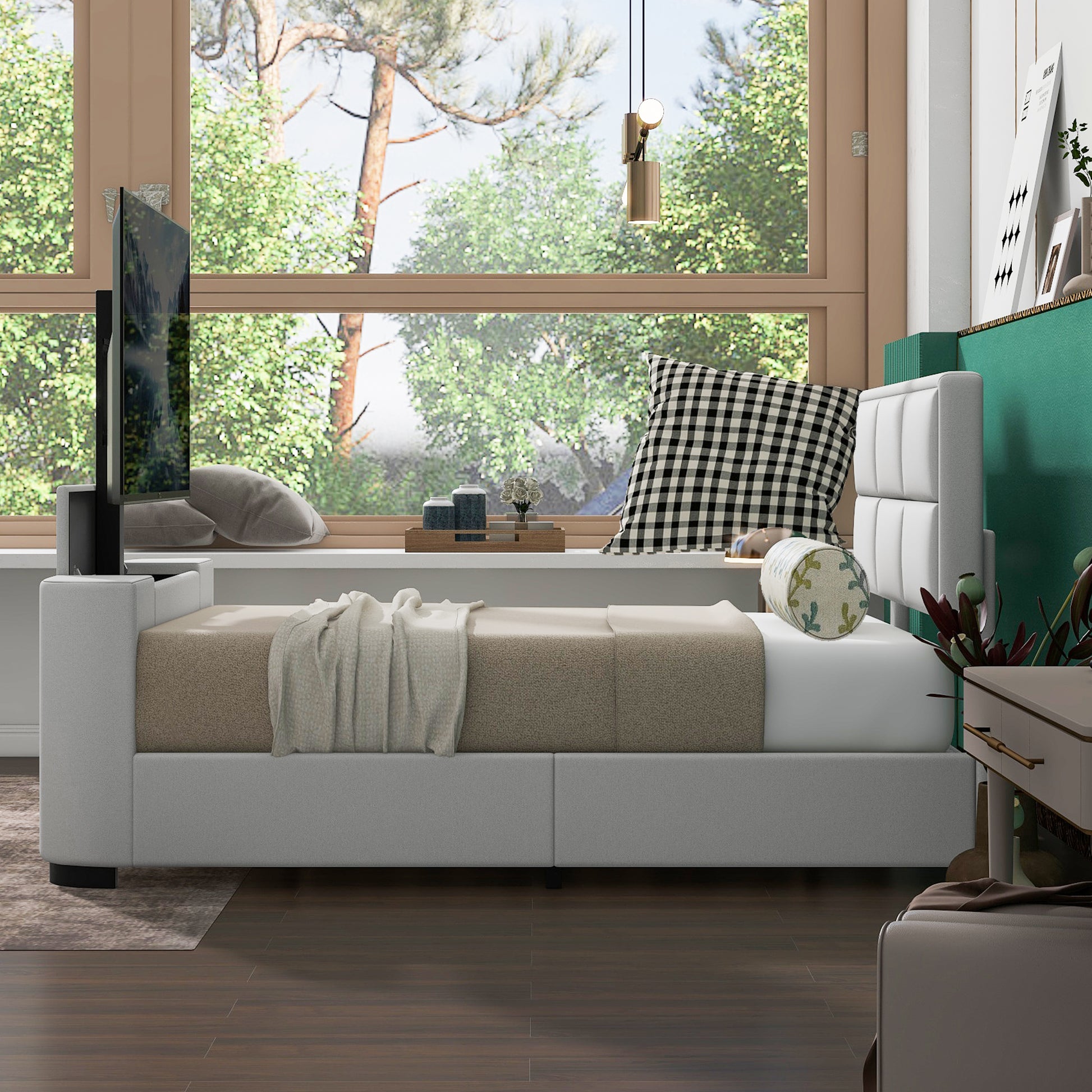 Queen Size Upholstery Tv Platform Bed Frame With Height Adjustable Headboard And Support Legs,Beige Queen Beige Upholstered