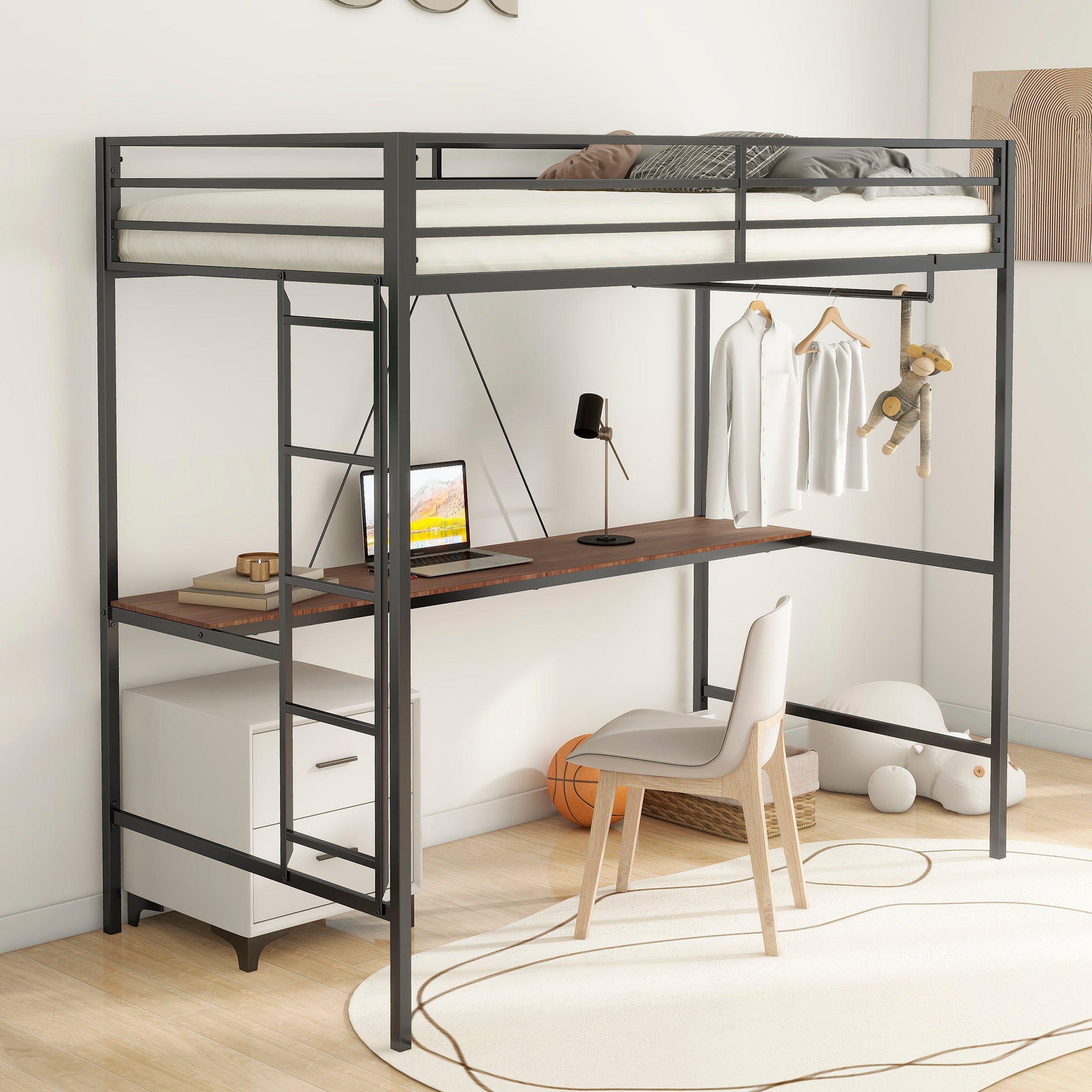 Adam Twin Loft Bunk Black With Cinnamon Wood Desk And Closet Rod Box Spring Not Required Twin Black Metal Bedroom Bunk Metal & Wood