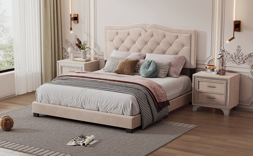 Queen Size Upholstered Bed Frame With Rivet Design, Modern Velvet Platform Bed With Tufted Headboard,Beige Beige Velvet