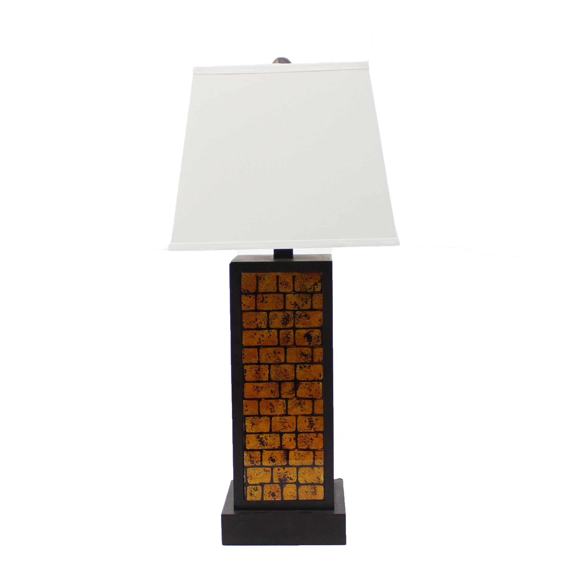 31 Inch Metal Frame Table Lamp, Drum Shade, Brick Pattern, White, Black Black White Fabric Metal