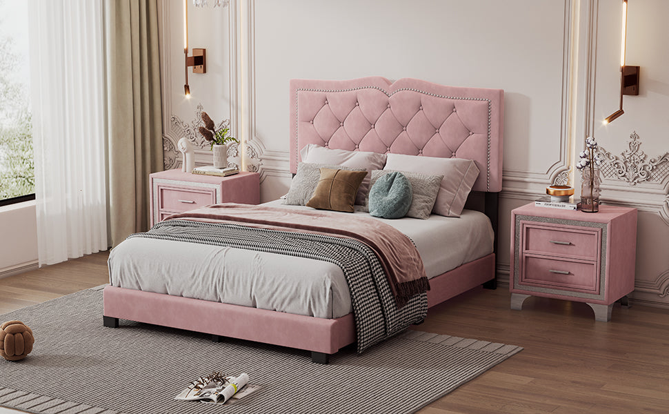 Full Size Upholstered Bed Frame With Rivet Design, Modern Velvet Platform Bed With Tufted Headboard,Pink Pink Velvet