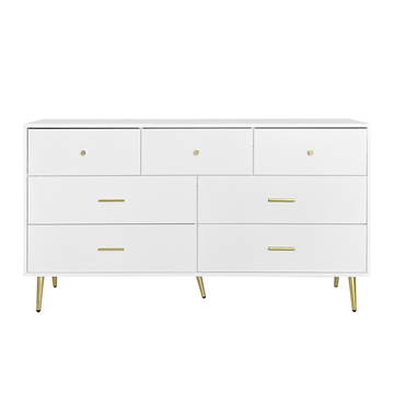 Seven Drawers Large Chest Of Drawer Cabinet With Golden Handle And Golden Legs White Color Matte White Particle Board