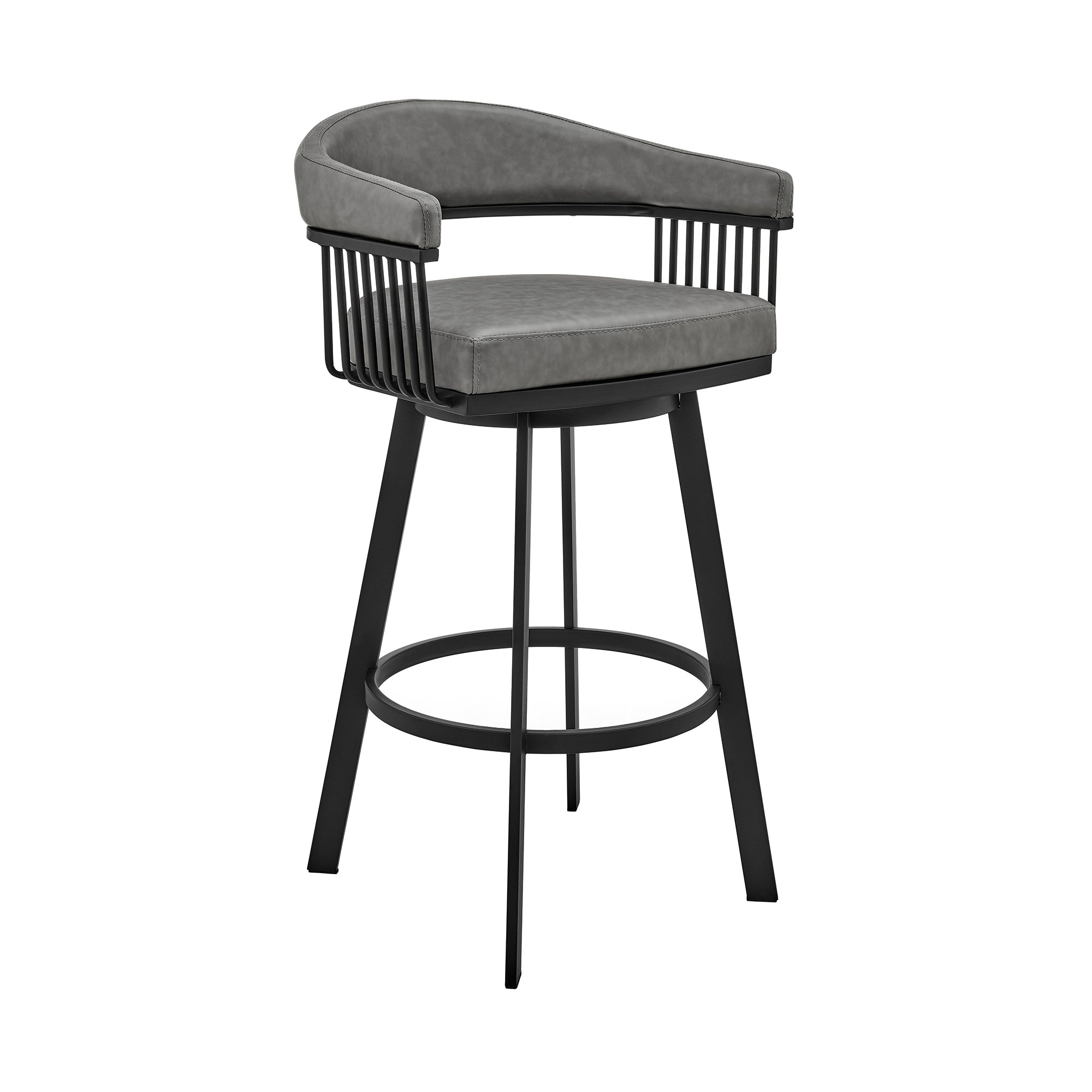 Swivel Barstool With Open Metal Frame And Slatted Arms, Gray And Black Black Gray Fabric Metal