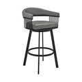 Swivel Barstool With Open Metal Frame And Slatted Arms, Gray And Black Black Gray Fabric Metal