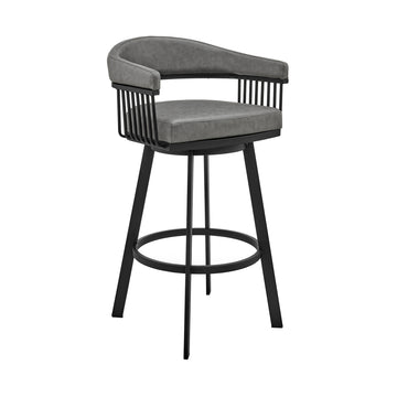 Swivel Barstool With Open Metal Frame And Slatted Arms, Gray And Black Black Gray Fabric Metal